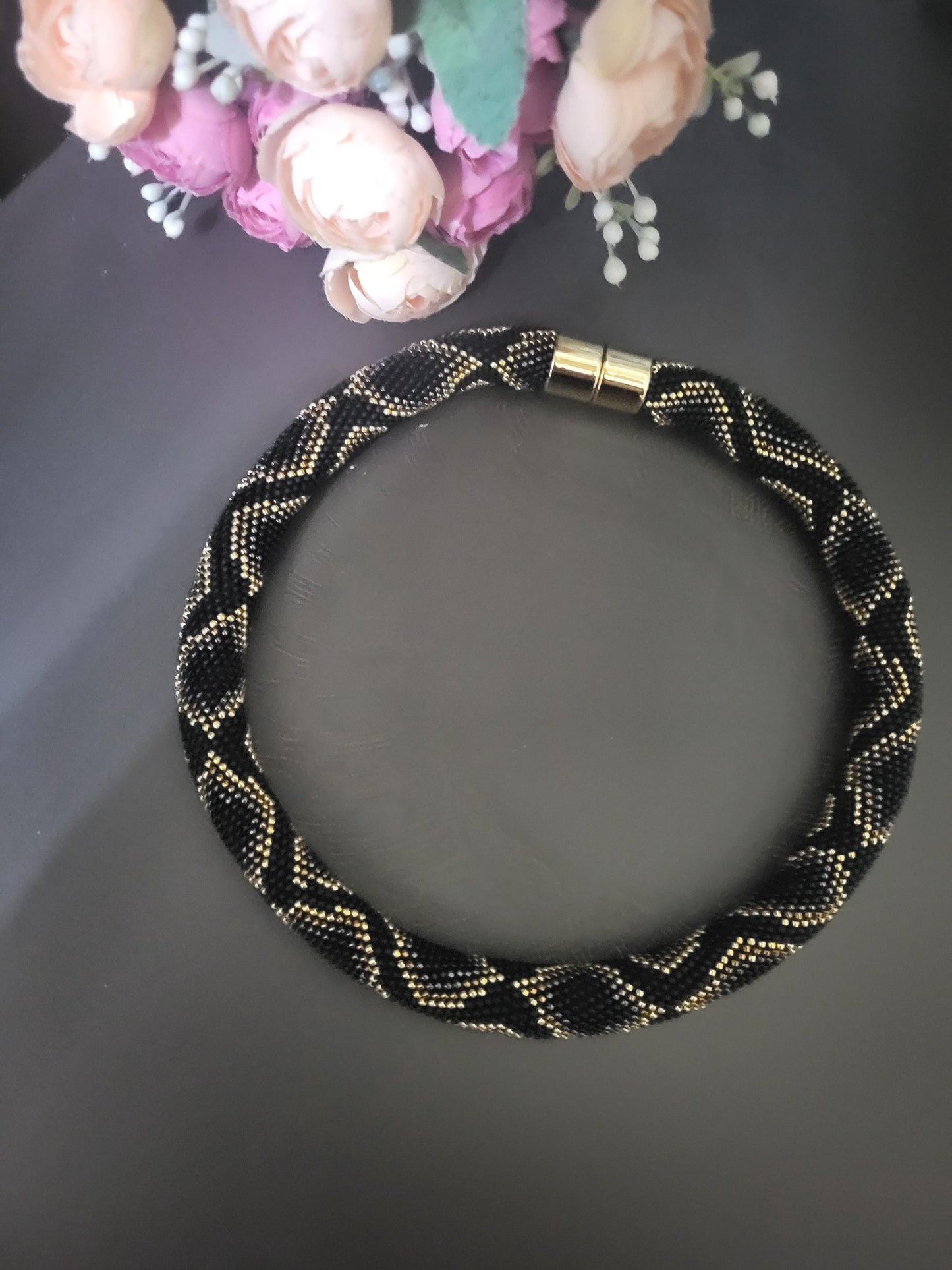 Elegant Beaded Rope Necklace – TOHO Beads in Black and Gold/Luxurious Handmade TOHO Necklace – Black, Bronze and Gray Tones
