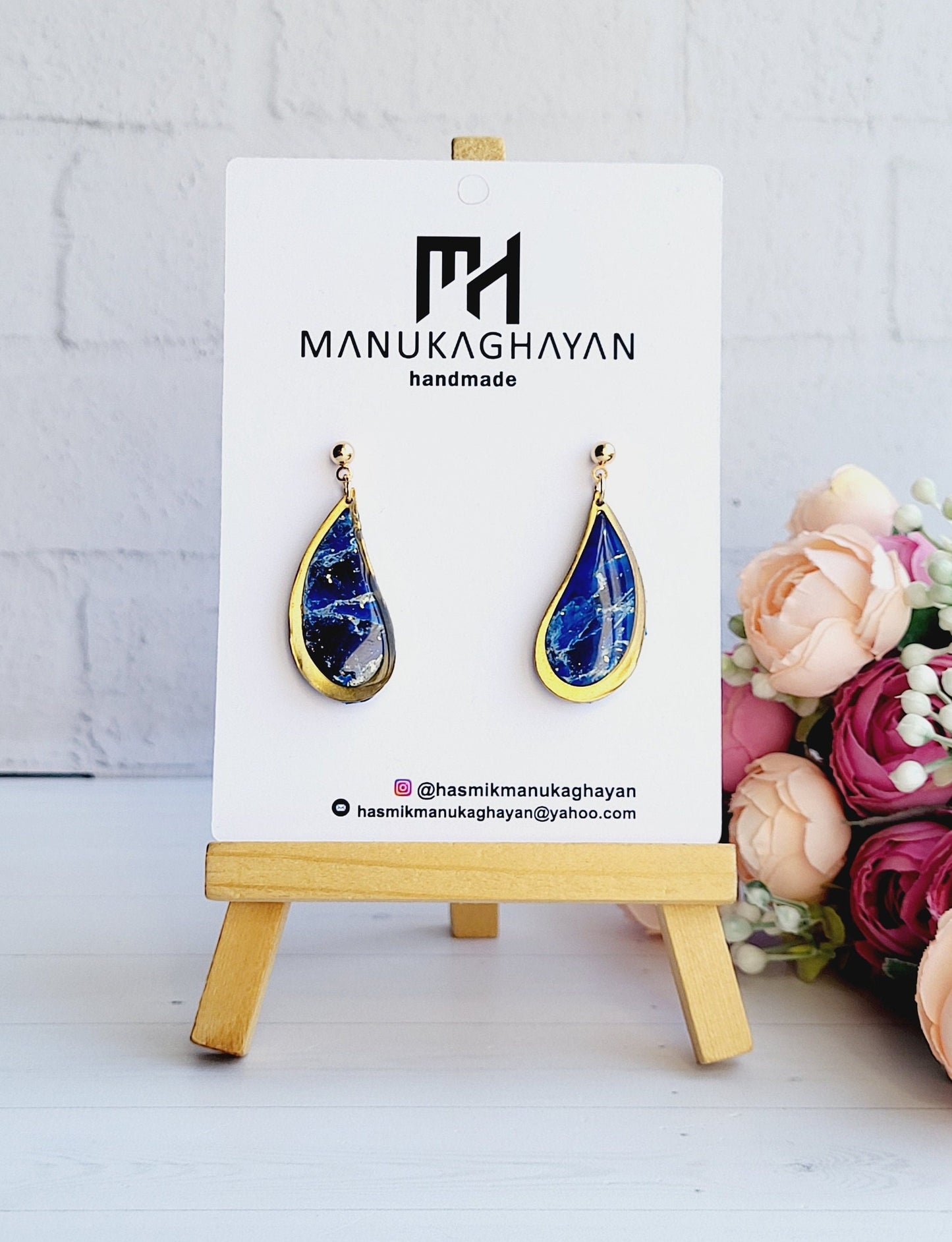 Elegant Teardrop Blue Polymer Clay Earrings/Marbled Blue and Gold Teardrop Dangle Earrings/Golden Frame and Blue Art Earrings
