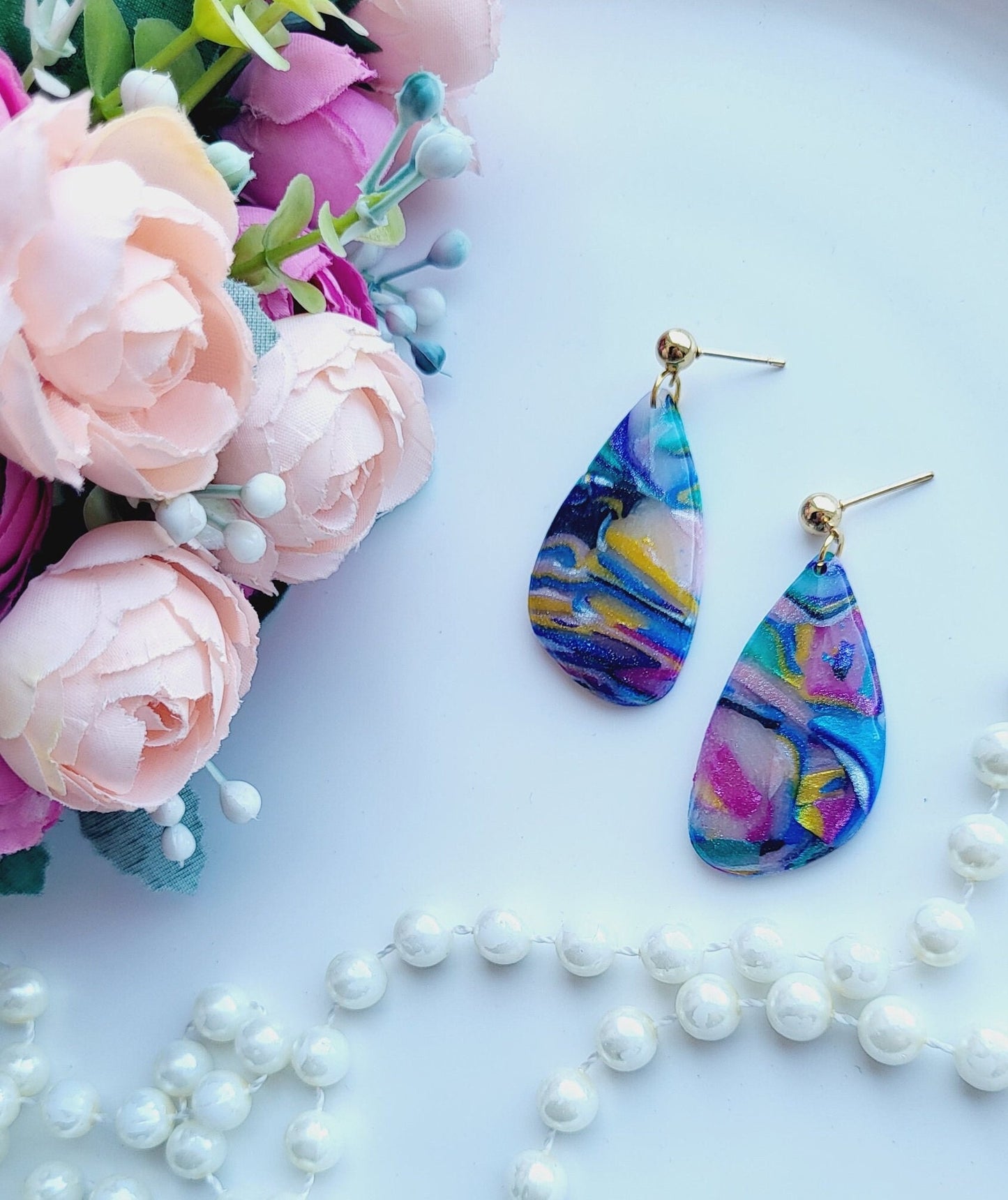 Unique Colorful Teardrop Earrings/Bohemian Art-Inspired Earrings/Abstract Design Polymer Clay Earrings/Swirl Design Polymer Earrings