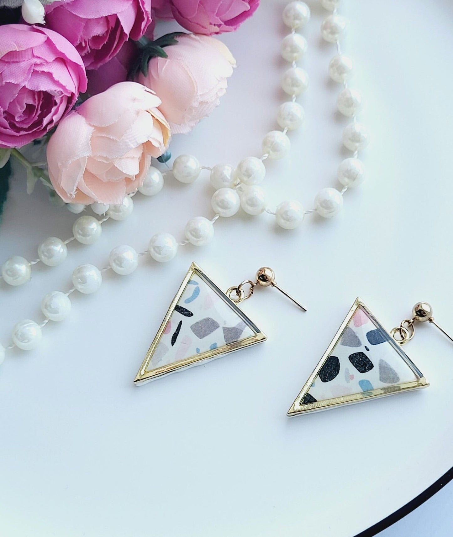 Unique Triangle Earrings with Abstract Patterns/Artistic Polymer Clay Earrings with Terrazzo Details