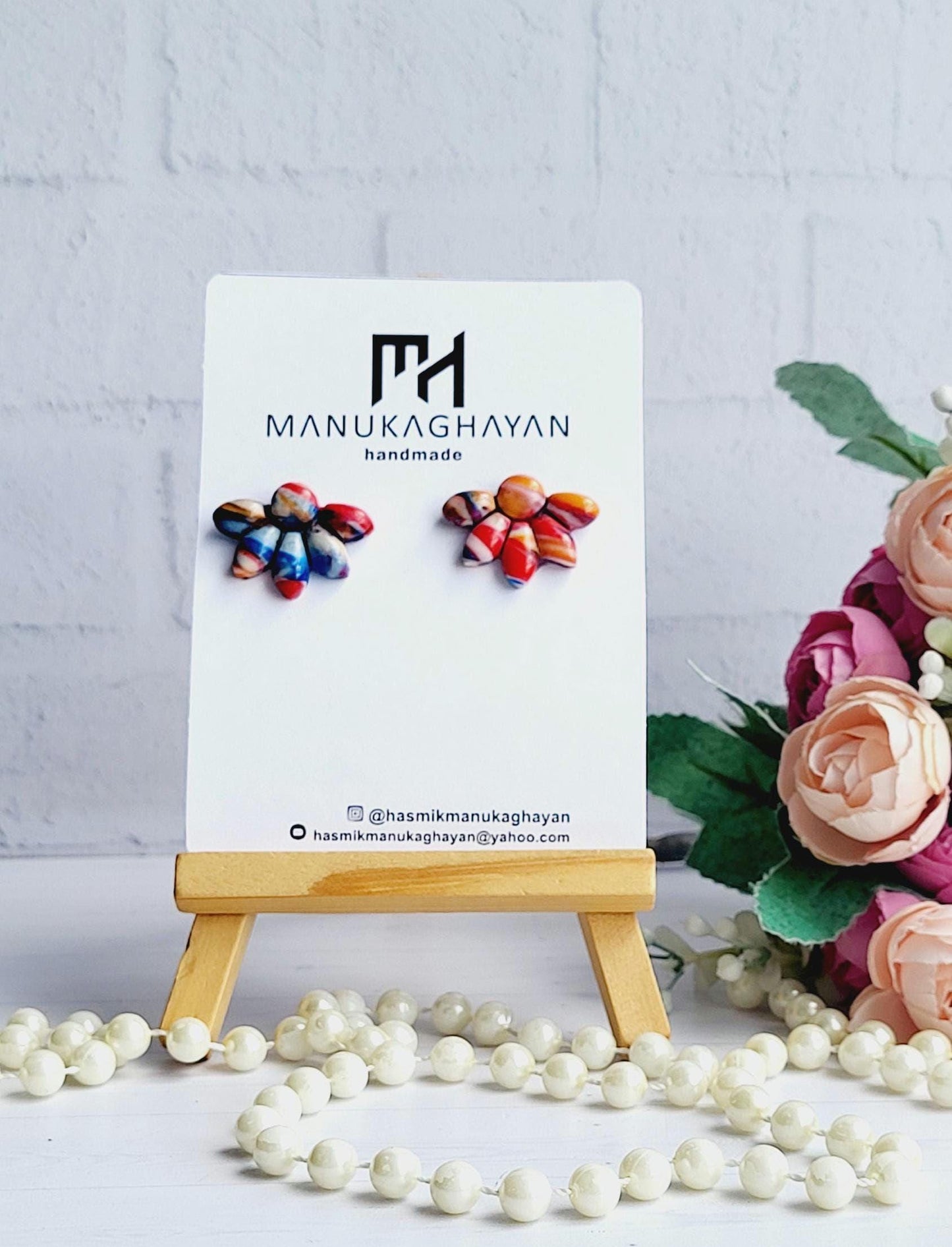 Handmade Floral Polymer Clay Earrings in Warm Tones/Unique Flower-Inspired Earrings with Red and Blue Petals