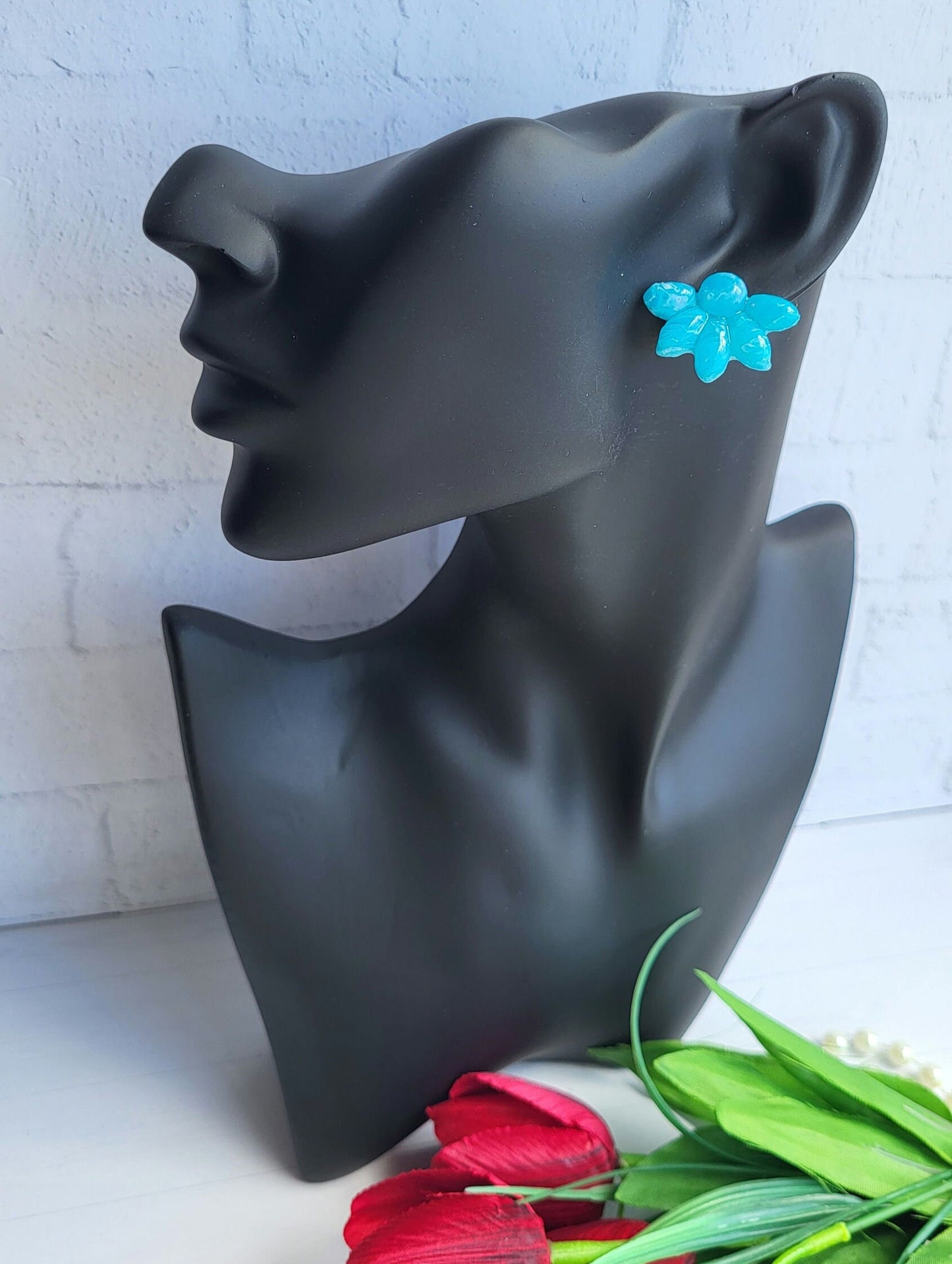 Bold and Bright Floral Earrings in Glossy Blue/Unique Blue Flower Earrings Crafted from Polymer Clay