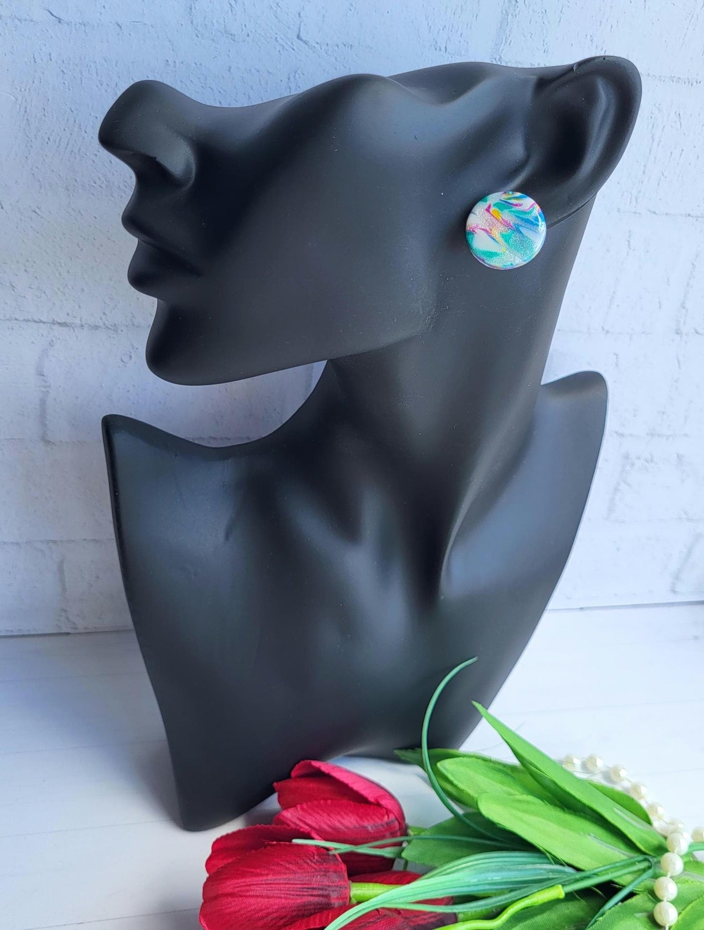 Vibrant Abstract Design Earrings in Polymer Clay/Artistic Small Round Earrings with Colorful Patterns