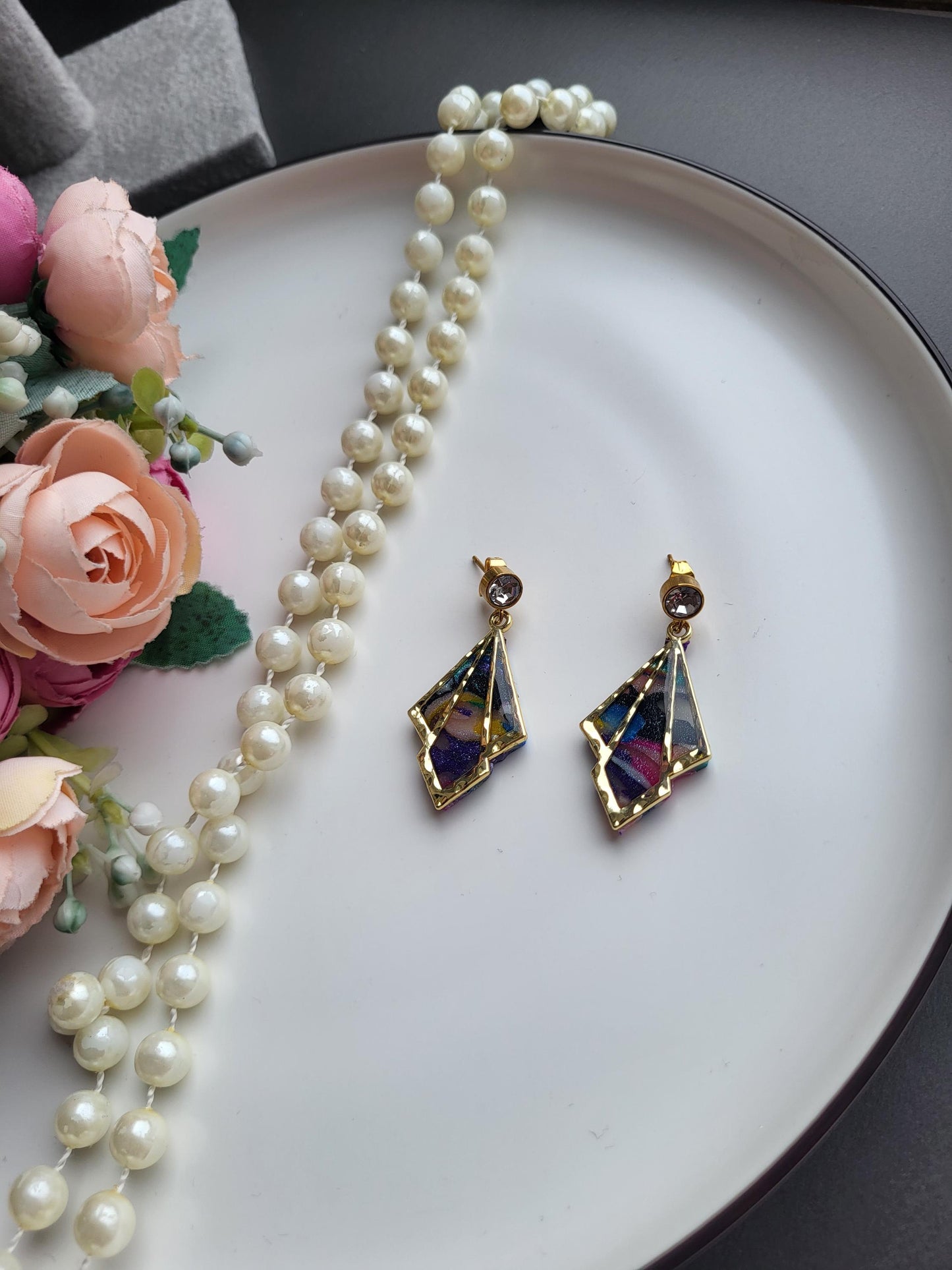 Unique Multicolor Polymer Earrings/Geometric Drop Earrings with Embedded Colors/Colorful Statement Earrings with Elegant Gold Detail