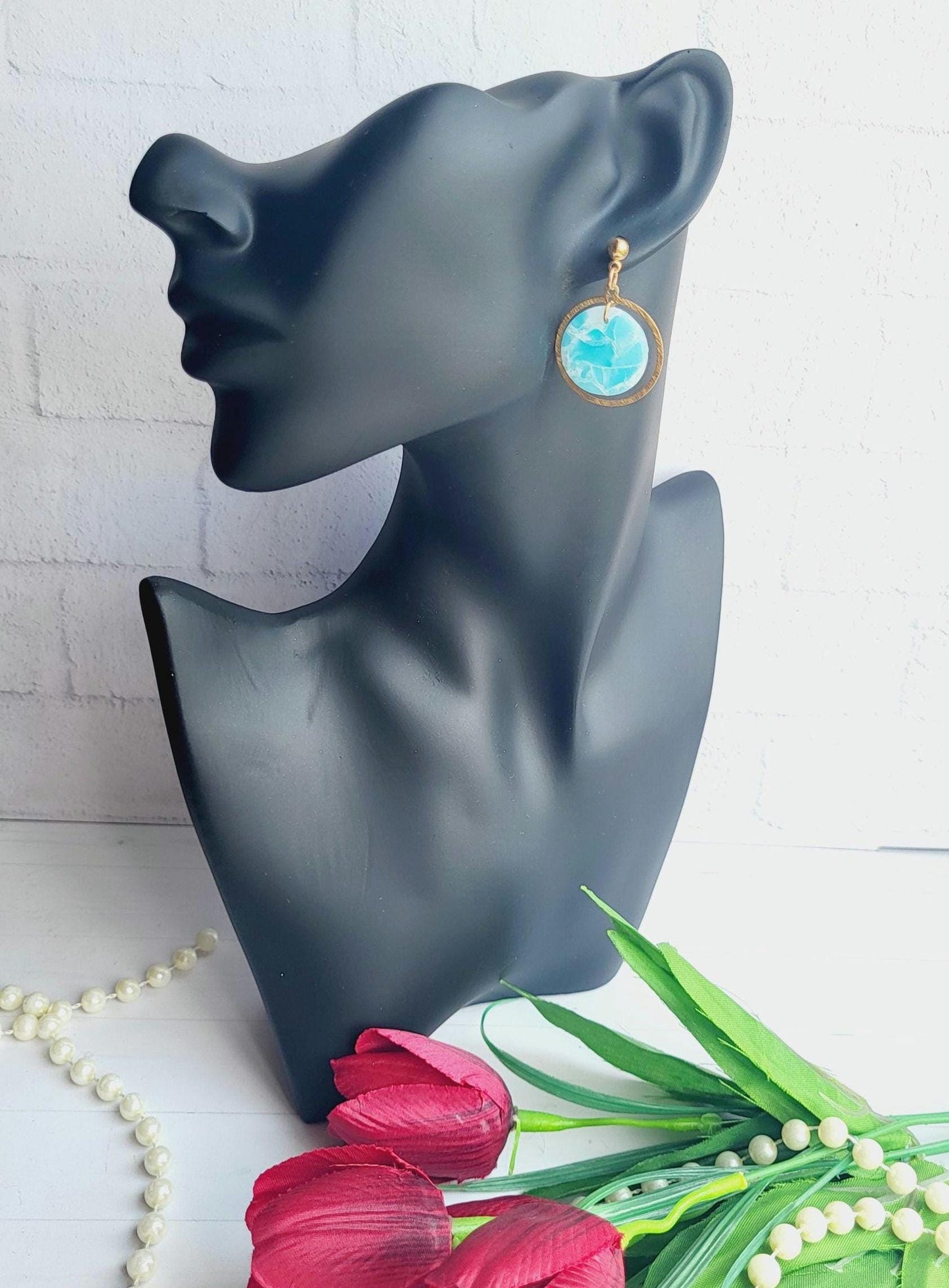 Turquoise and White Marble Earrings | Handmade Polymer Clay Earrings | Statement Dangle Round Earrings | Marbled Pattern Open Circle Dangle