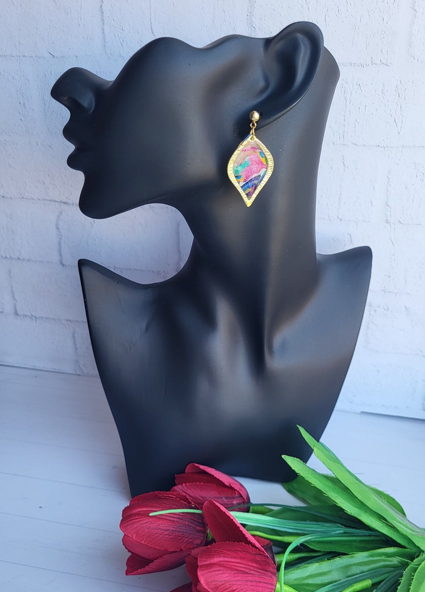 Gold-Edged Clay Earrings for Women/Gold-Frame Statement Earrings/Colorful Polymer Clay Statement Earrings/Elegant Artisan Polymer Earrings