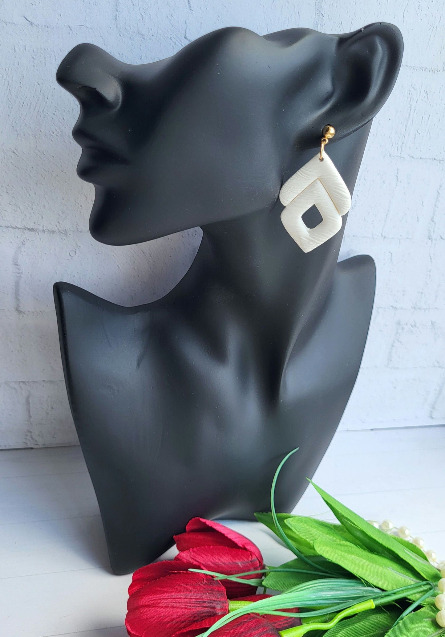 White Textured Geometric Polymer Clay Earrings/Modern Double Diamond Earrings/Unique Textured White Earrings