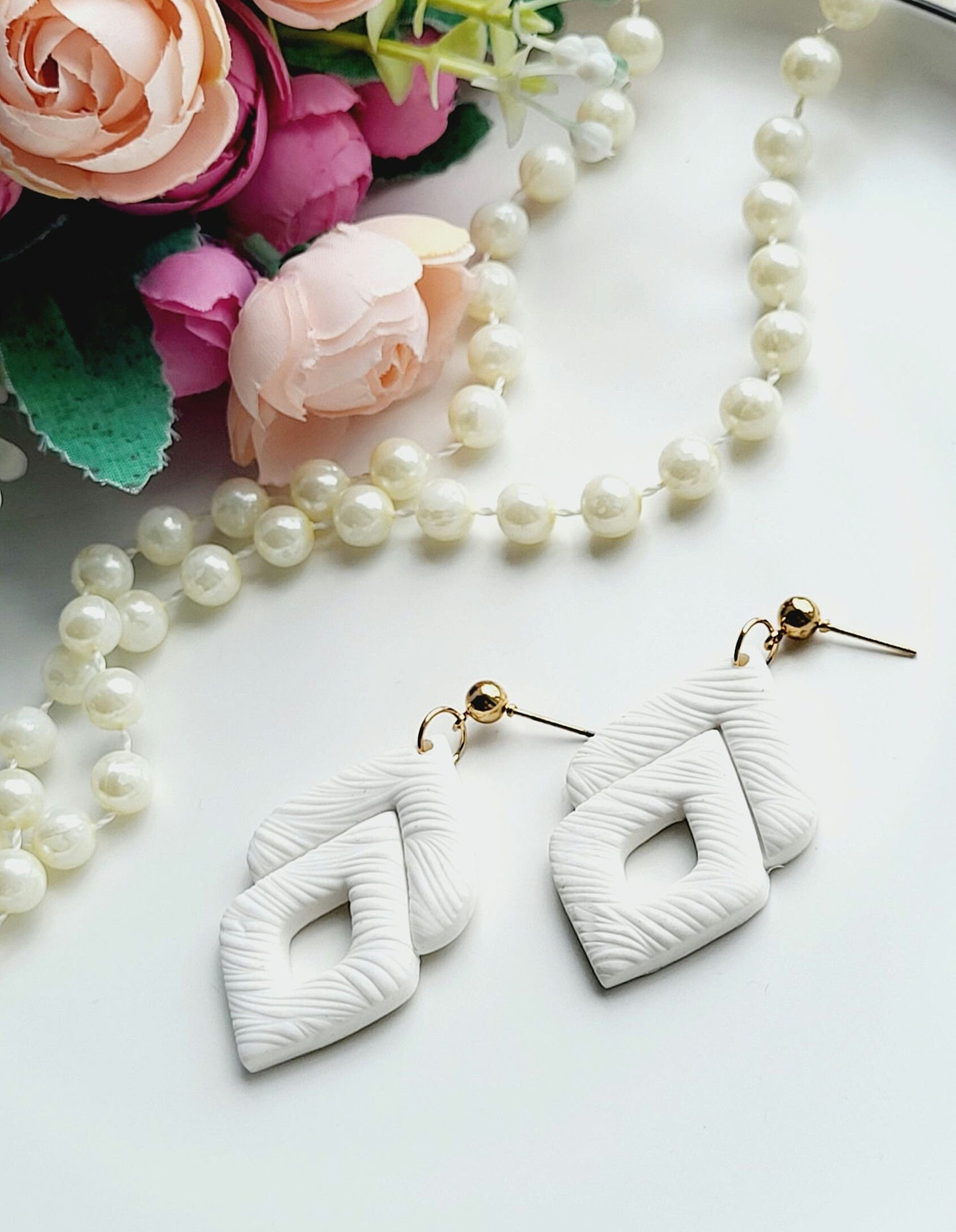 White Textured Geometric Polymer Clay Earrings/Modern Double Diamond Earrings/Unique Textured White Earrings