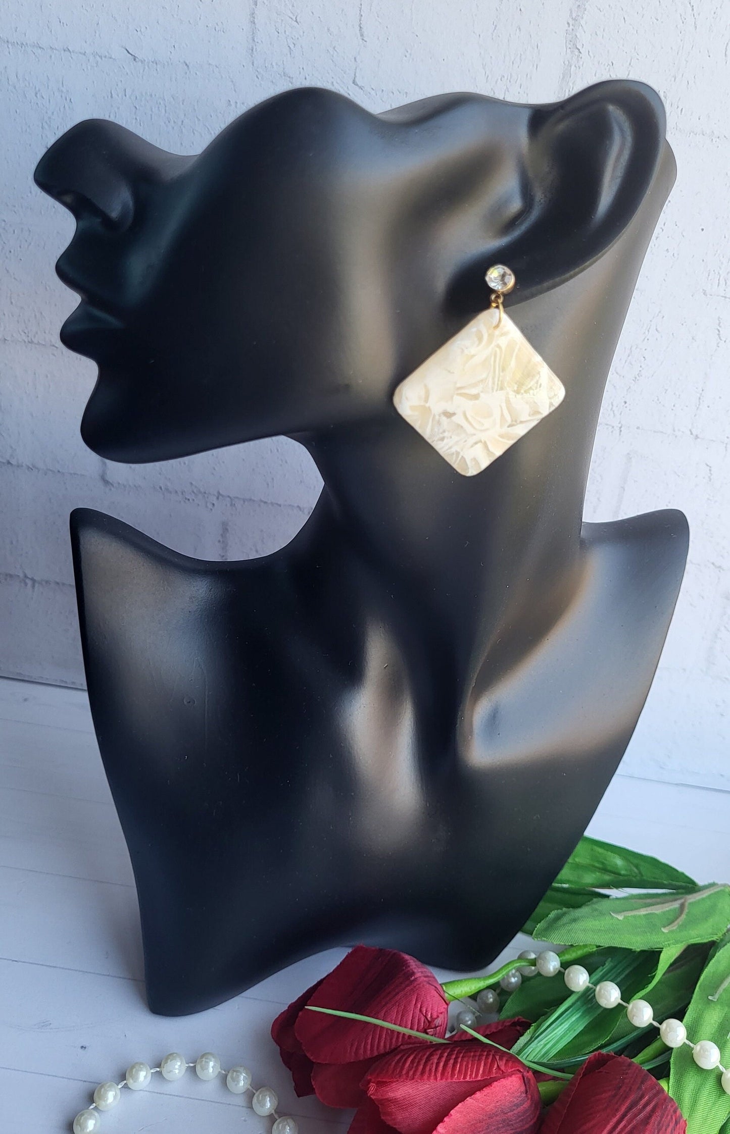 Square Polymer Clay Dangle Earrings | Cream Textured Beige Statement Earrings | Handmade Neutral Square Earrings | Polymer Clay Jewelry