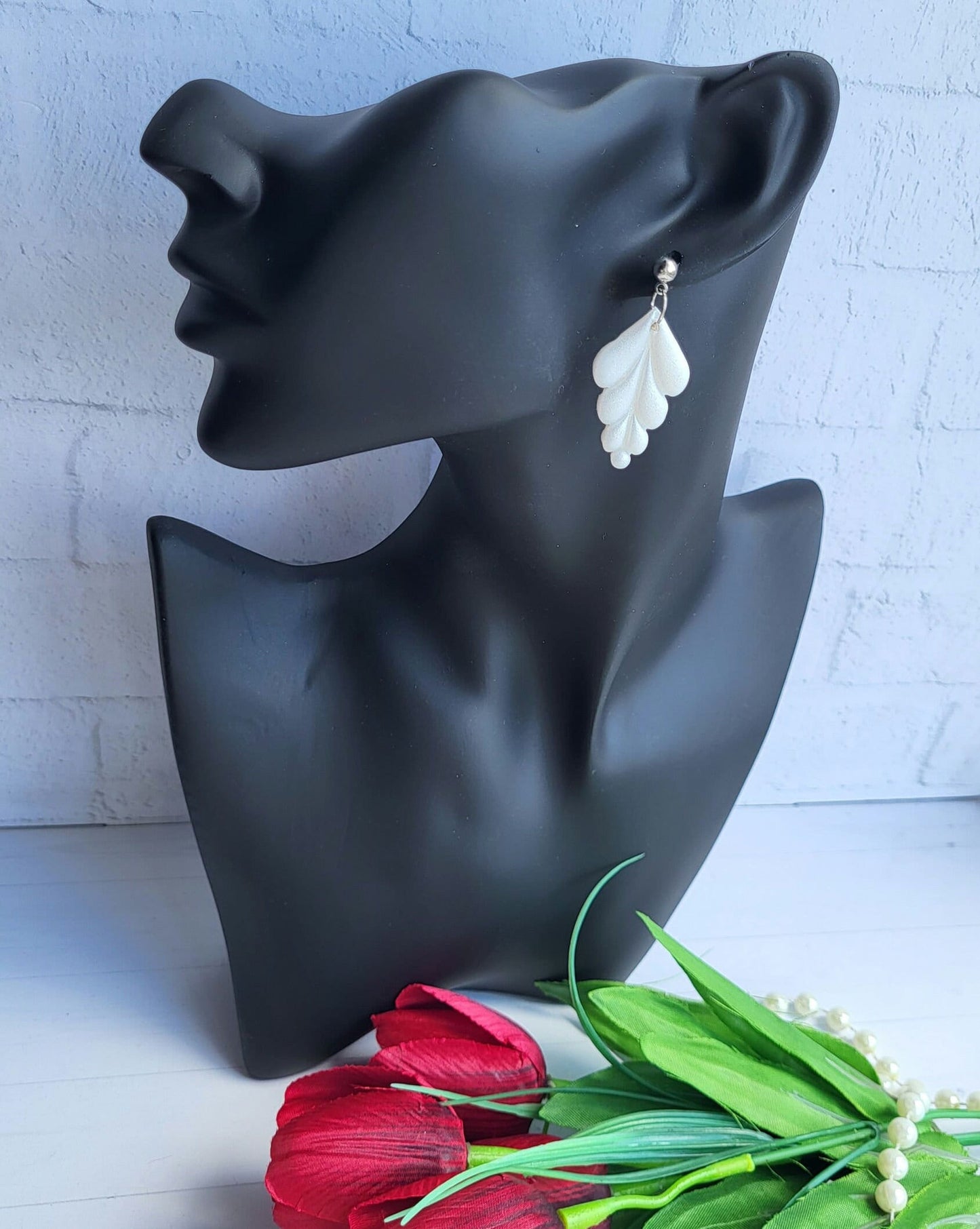 Elegant White Feather Polymer Clay Earrings/Handmade Shimmering Feather Earrings/White Textured Drop Earrings