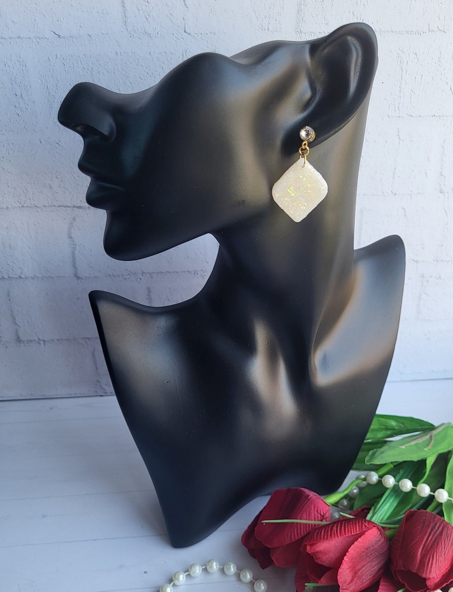Sparkling Ivory Polymer Clay Earrings/Handmade Square Drop Glitter Earrings/Minimalist Ivory Glitter Clay Earrings