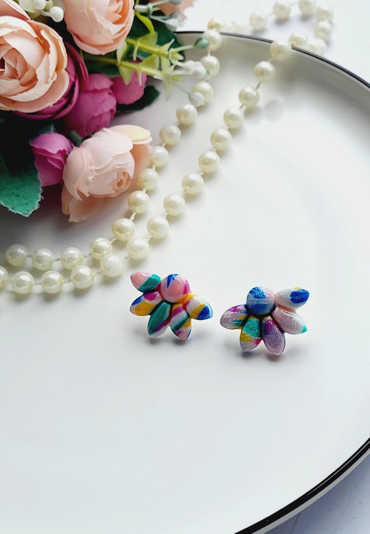 Handmade Multicolored Floral Polymer Clay Earrings/Artistic Flower-Shaped Earrings with Vibrant Colors