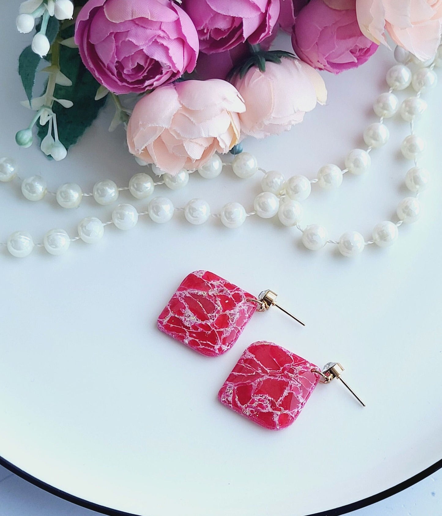 Glossy Red Marbled Polymer Clay Earrings/Bold Red Marbled Earrings Design/Vibrant Square Dangle Earrings Handmade