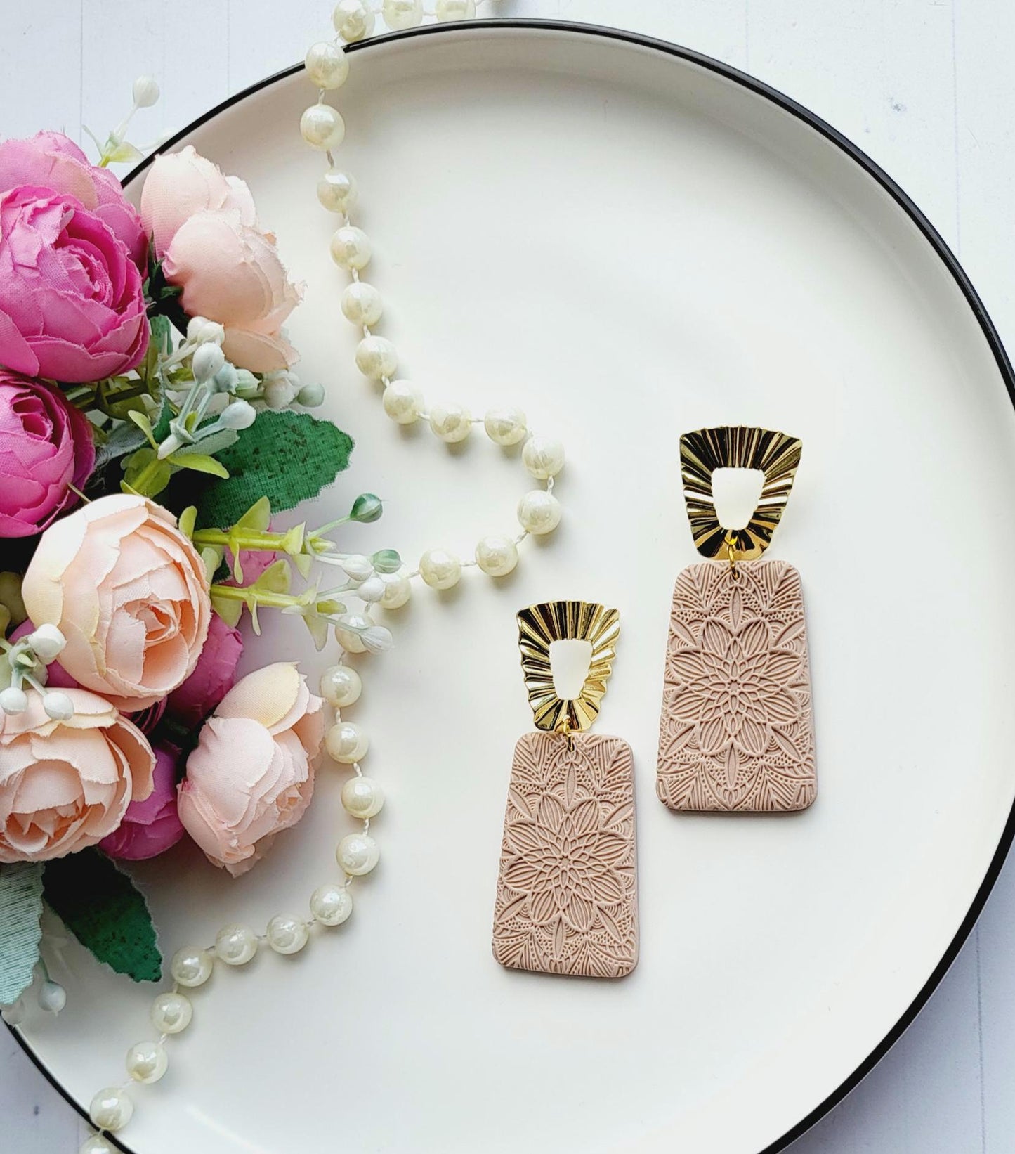 Embossed Floral Earrings | Boho Chic Jewellery | Geometric Gold and Beige Earrings | Statement Dangle Earrings | Handmade Earrings