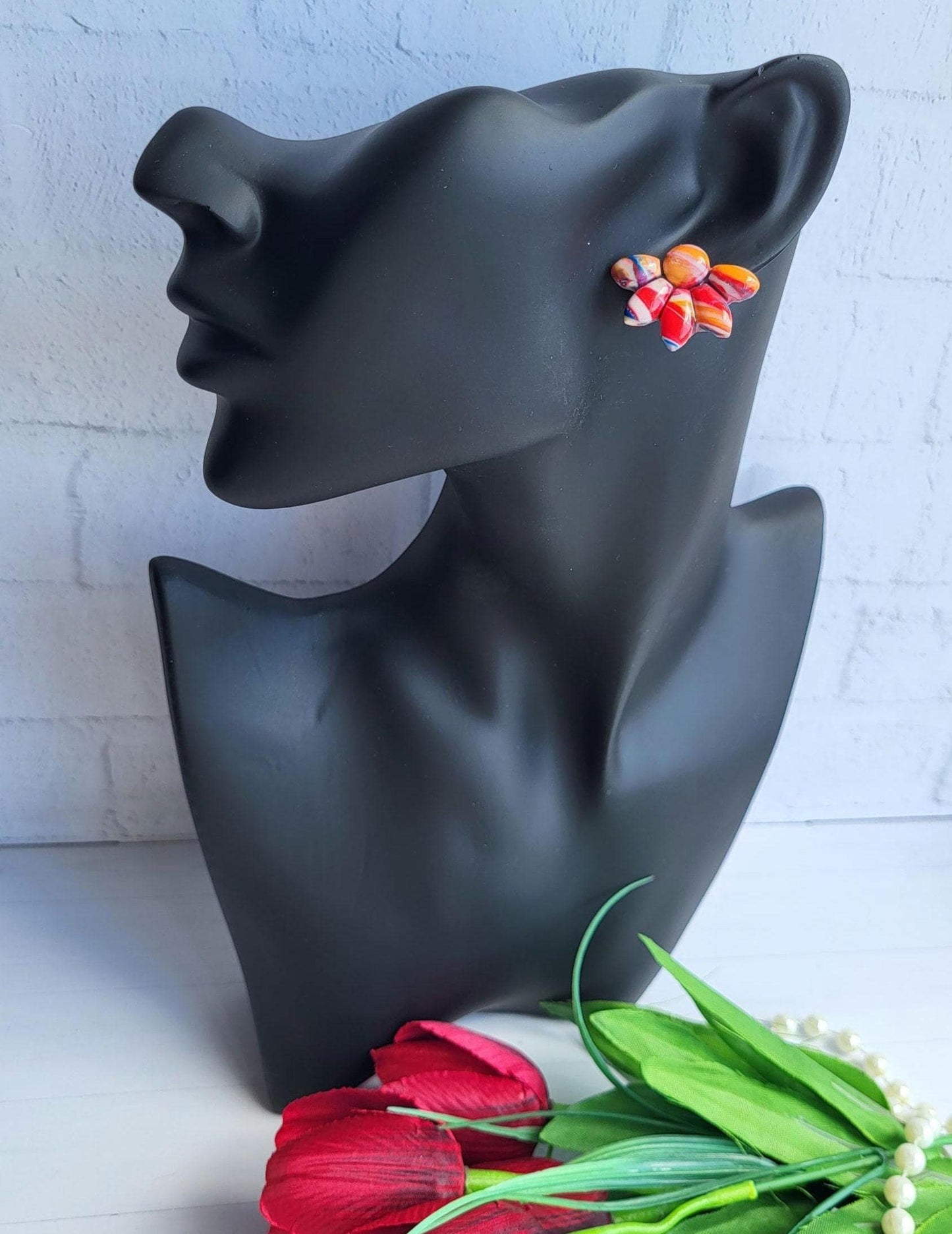 Handmade Floral Polymer Clay Earrings in Warm Tones/Unique Flower-Inspired Earrings with Red and Blue Petals