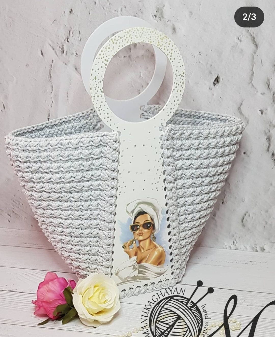 ELEGANT KNITTED BAG | Knitted Thread Bag | Handmade White Bag | Womens Designer Bag | White Polyester Plastic Printed Handmade Tote Bag