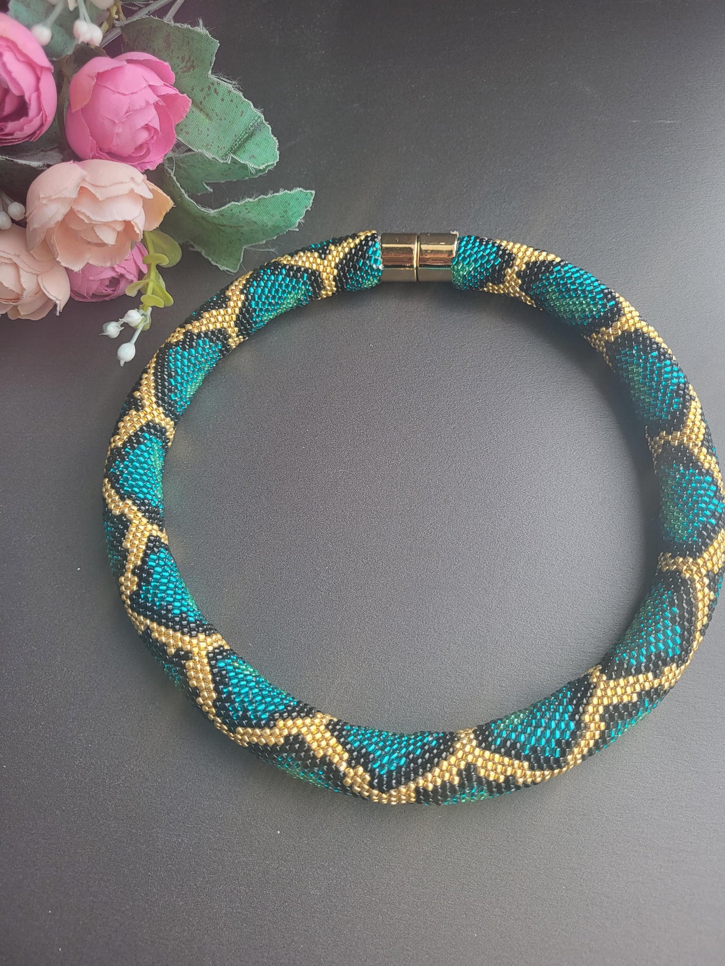 Handmade Beaded Snake Necklace – Gold, Black and Azure Tones, Statement Jewelry, Tube Beadwork Choker