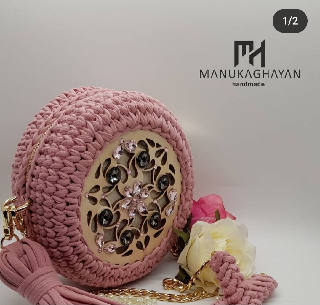 Handmade Knitted Bag with Wooden & Stone Decor | Chain Fabric Handle | Cotton Lining Pocket | Stylish Boho Bag | Unique Handmade Purse