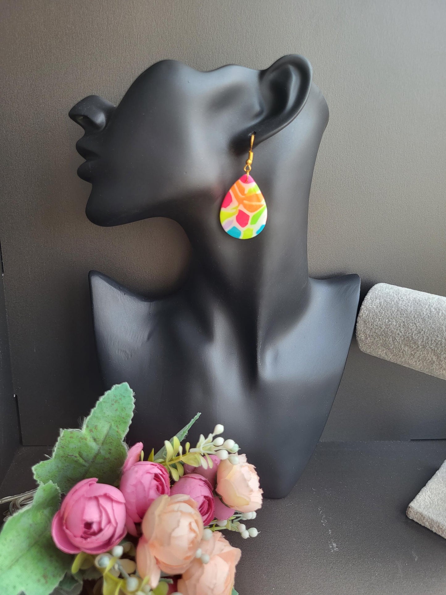 Colorful Handmade Polymer Clay Teardrop Earrings/Vibrant Abstract Polymer Clay Earrings/Handcrafted Color Splash Clay Earrings