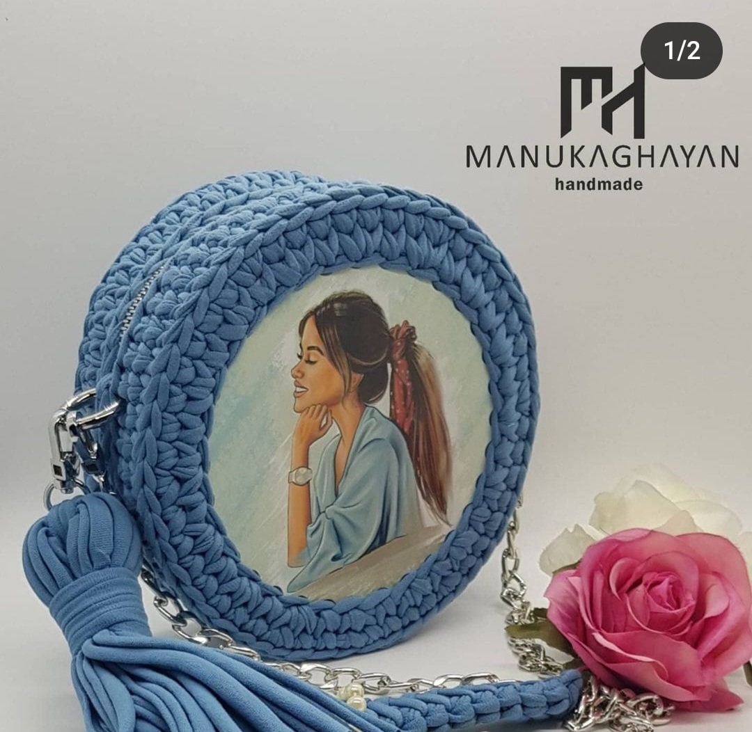 Handmade Blue Jeans Bag with Knitted Threads | Plastic Mural and Chain Handle Bag | Trendy Bag With One Pocket | Casual Fashion Bag
