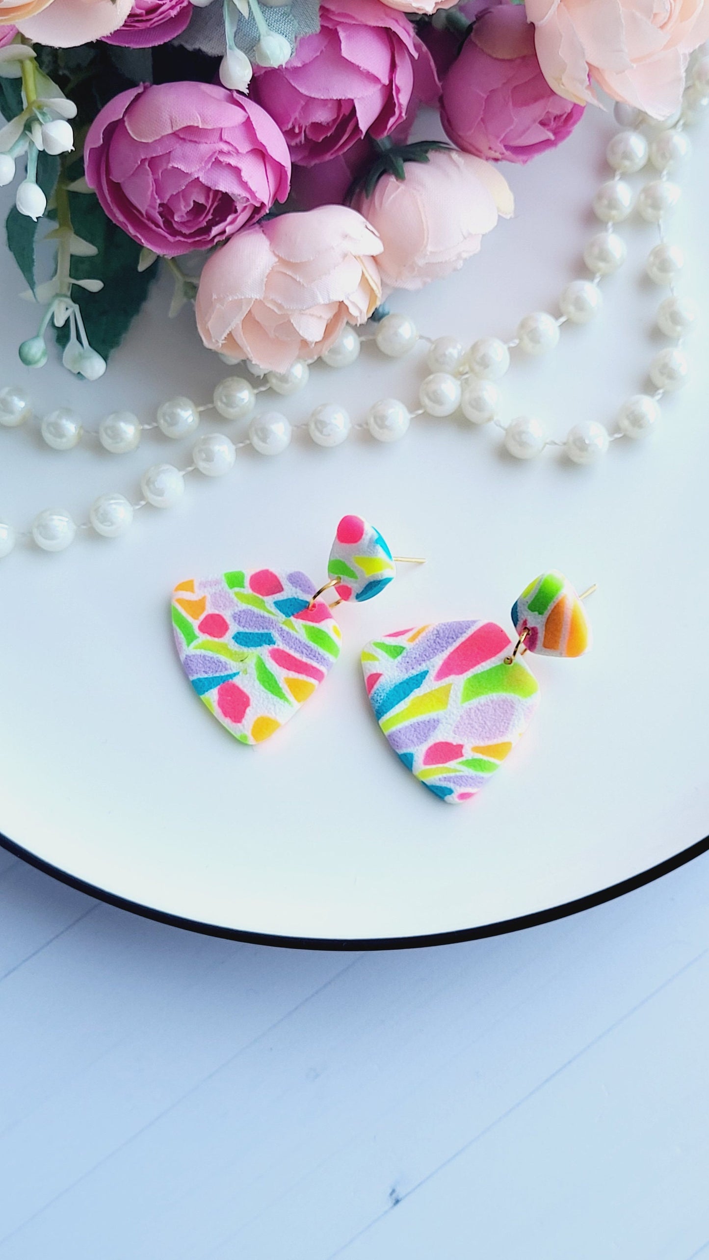 Playful & Chic Polymer Clay Dangles/Unique Hand-Painted Look Earrings/Bright Bold Handmade Jewelry/Artistic Triangle Drop Earrings