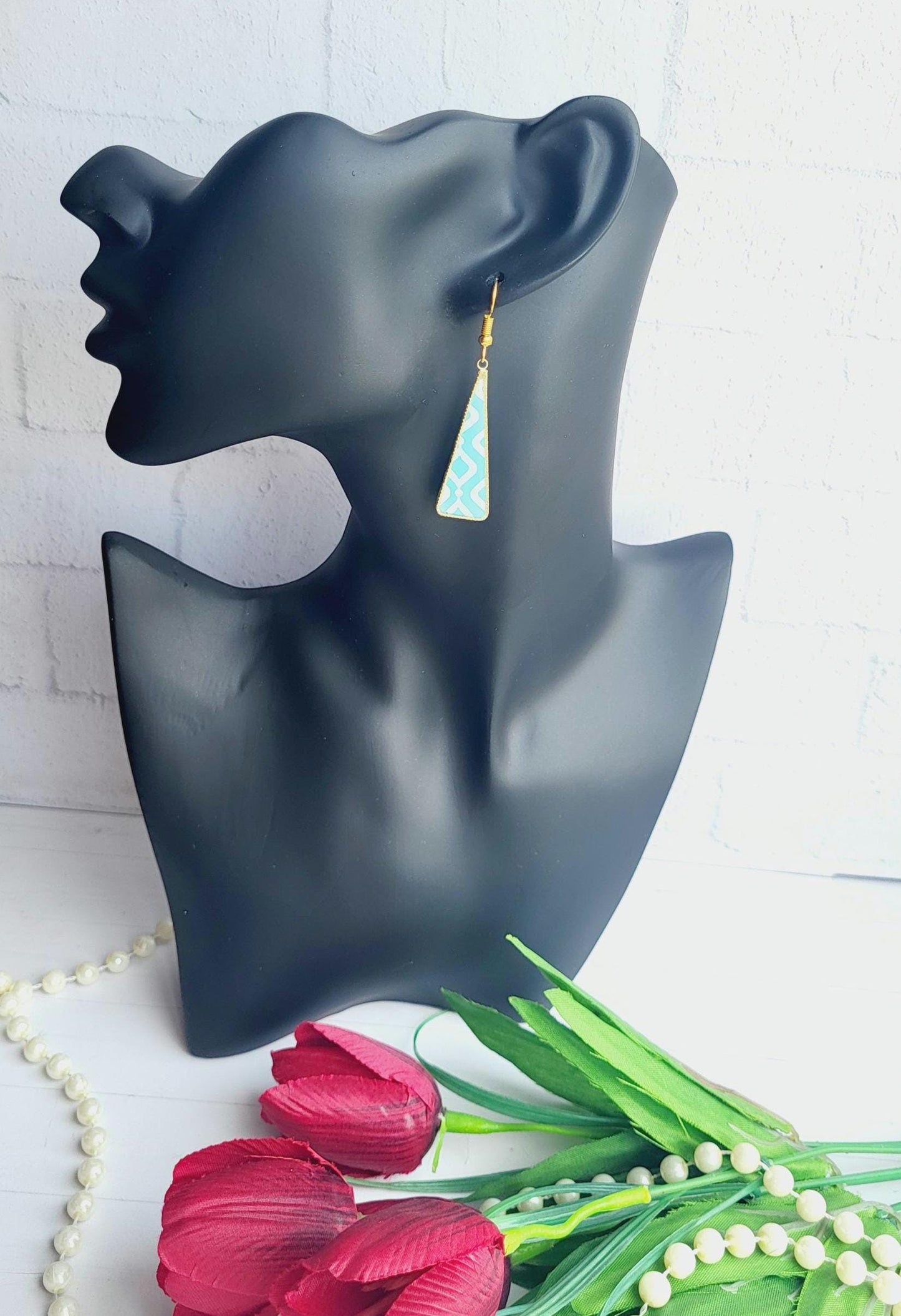 Sterling Silver Geometric Dangle Earrings | Elongated Triangular Polymer Clay Jewelry | Contemporary Artistic Design | Dangle Long Earrings