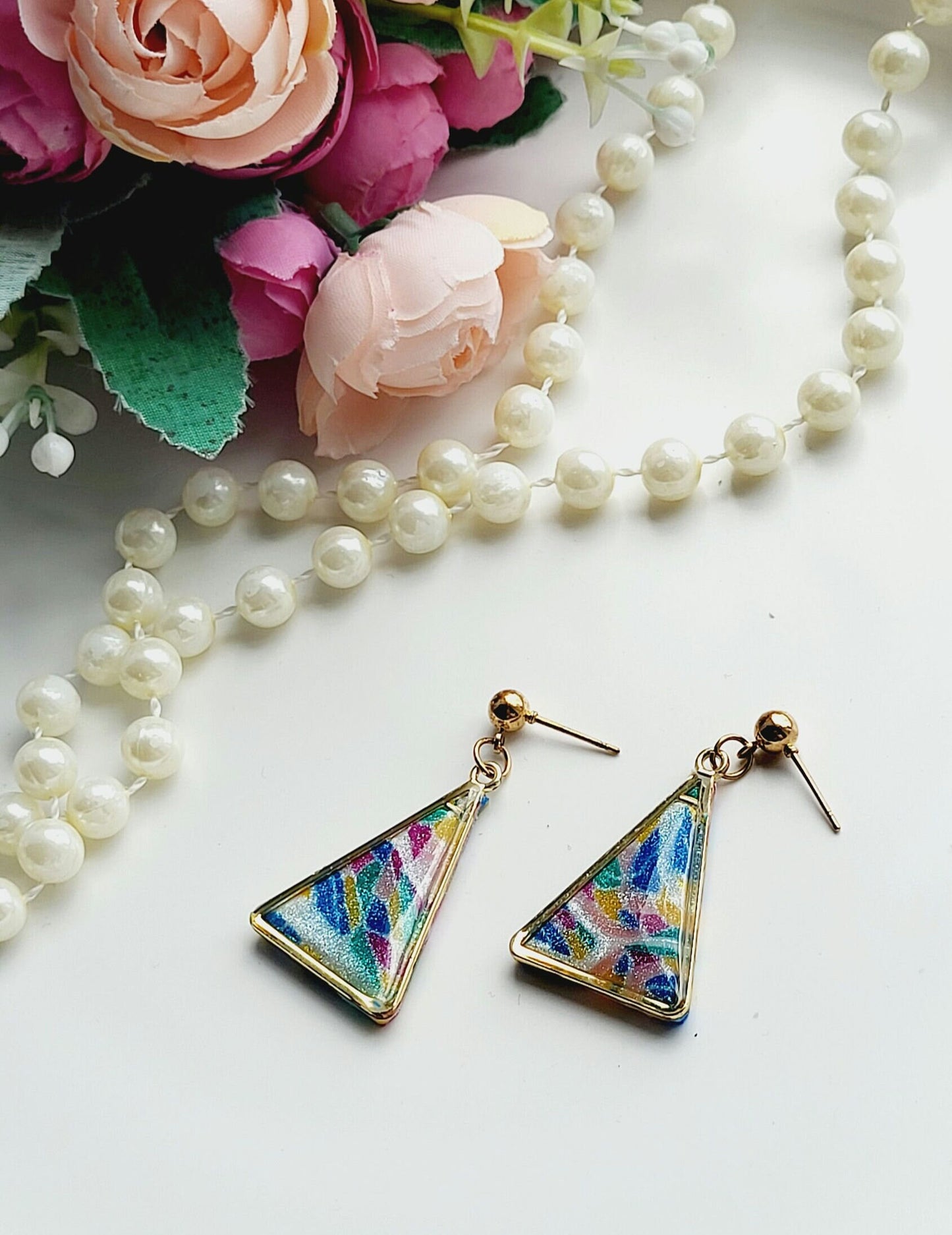 Colorful Handmade Triangle Polymer Clay Earrings with Gold Frame/Vibrant Geometric Polymer Clay Drop Earrings in Bold Colors/