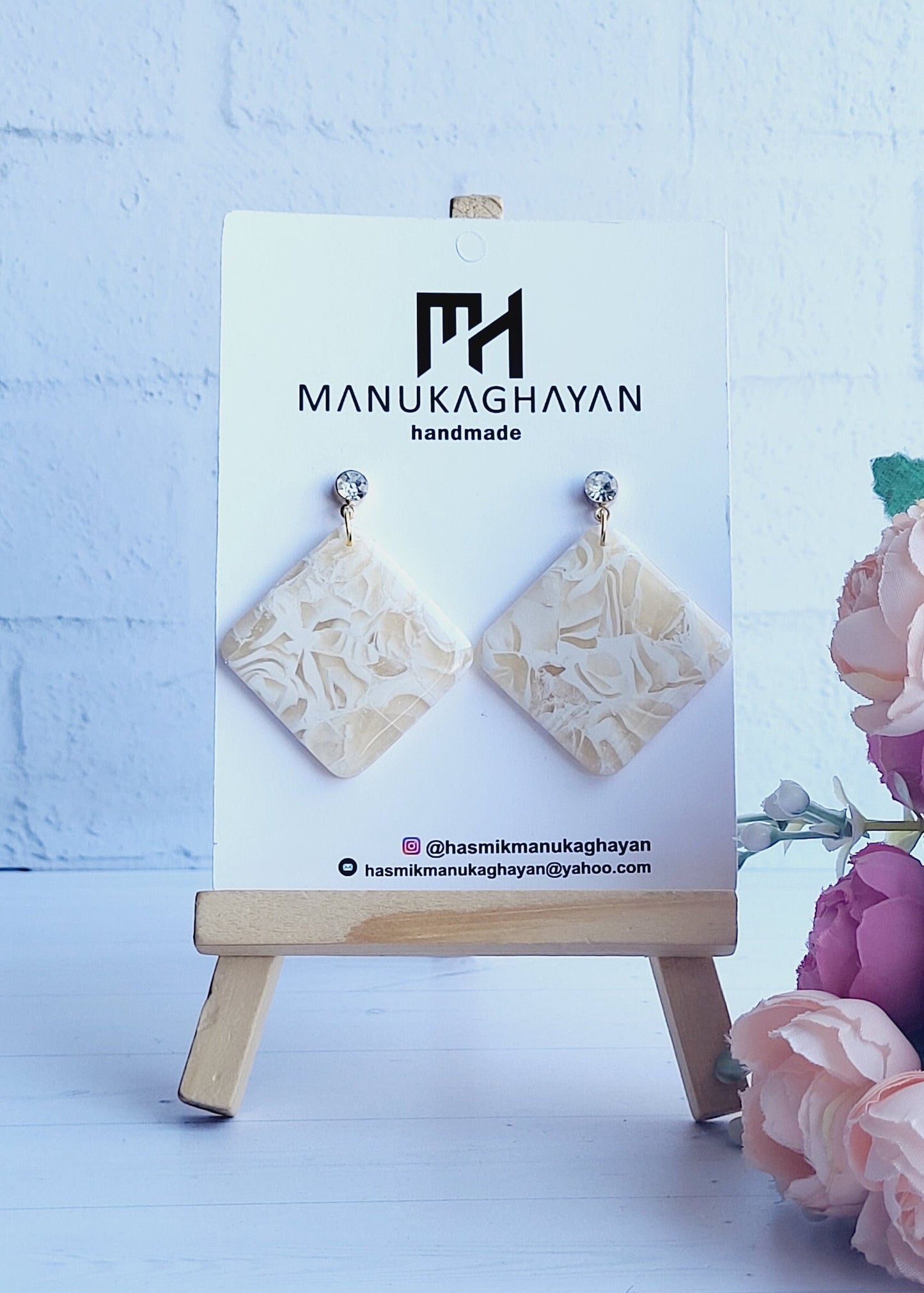 Square Polymer Clay Dangle Earrings | Cream Textured Beige Statement Earrings | Handmade Neutral Square Earrings | Polymer Clay Jewelry