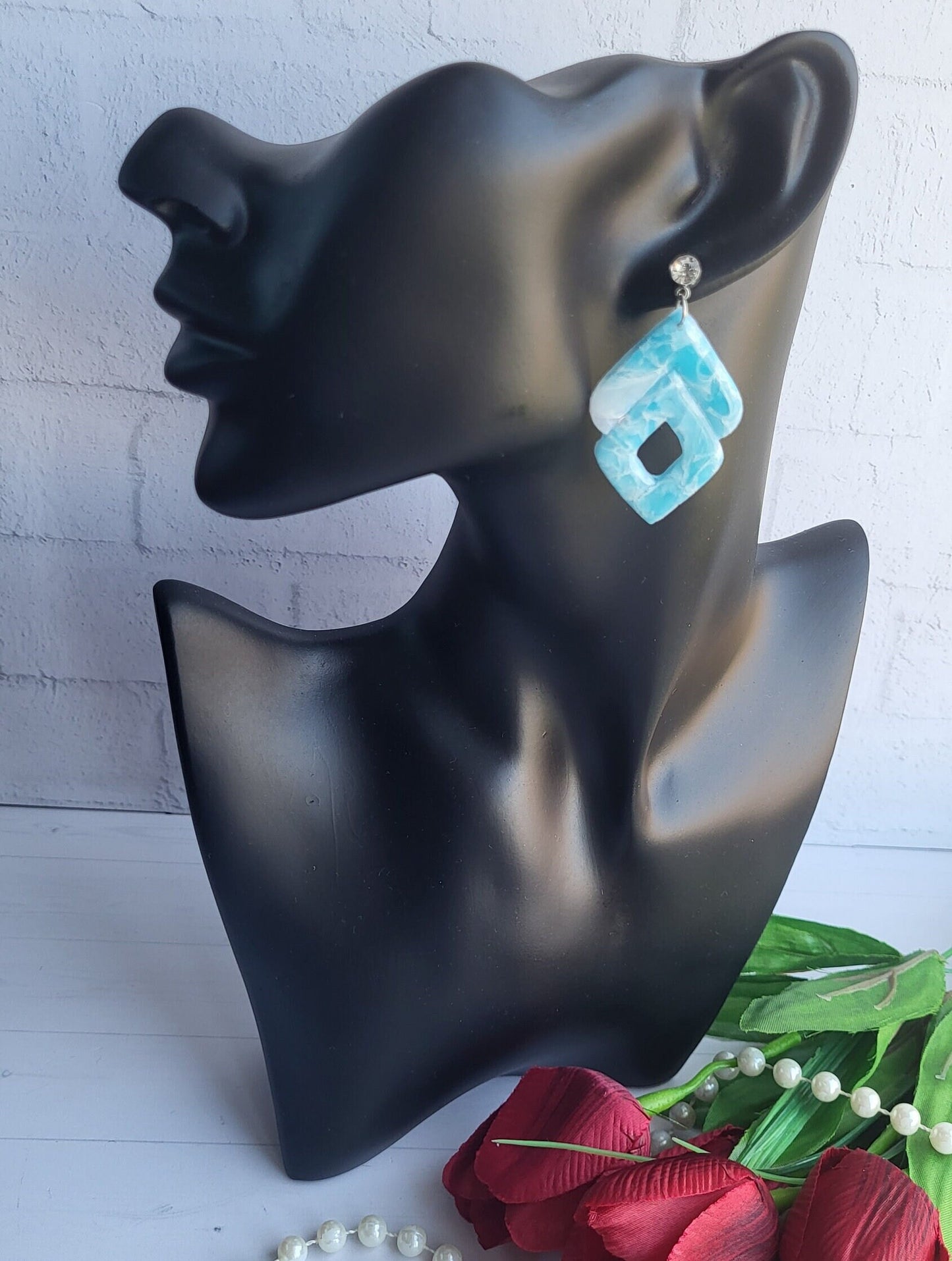 Ocean-Inspired Geometric Clay Earrings/Elegant Aqua Statement Earrings/Artistic Geometric Clay Jewelry
