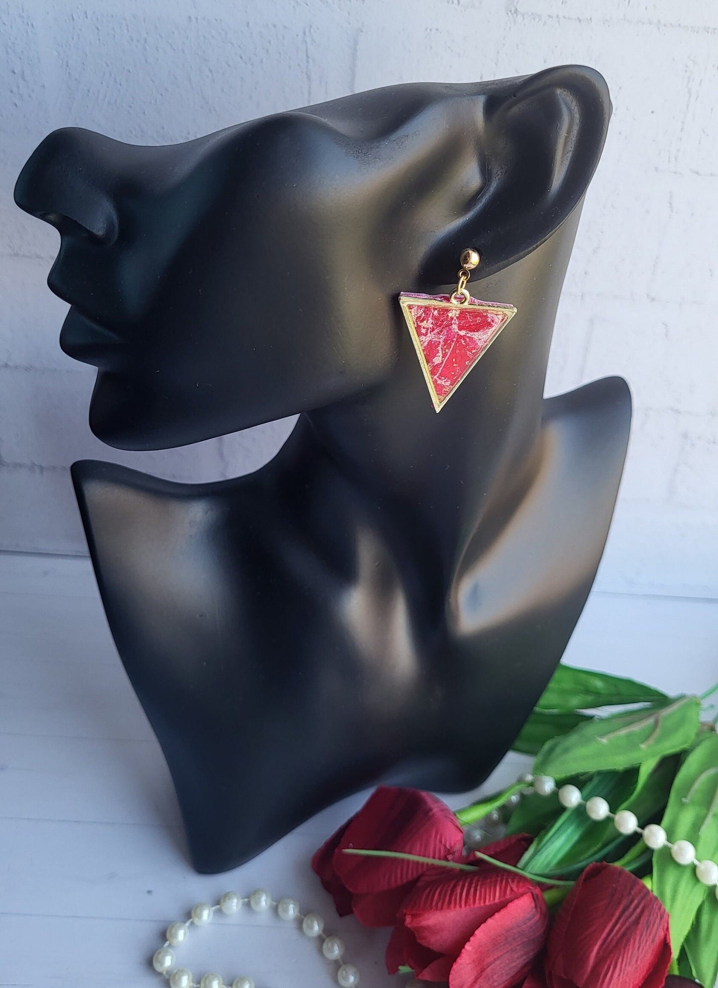 Marble Glamour Red Triangle Earrings | Hand Carved Polymer Clay | Red Marble Dangle Earrings | Handmade Triangle Earrings for Women
