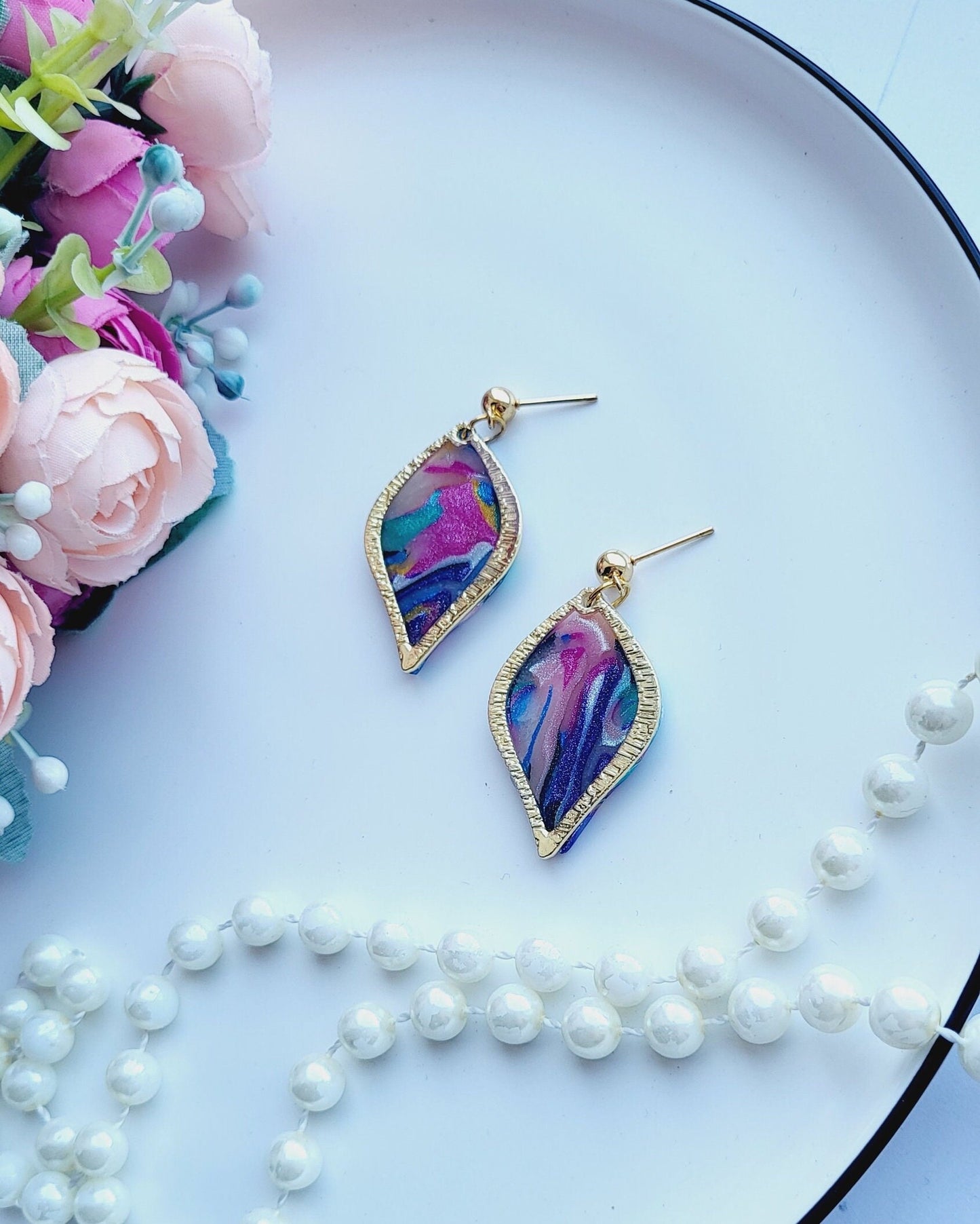 Gold-Edged Clay Earrings for Women/Gold-Frame Statement Earrings/Colorful Polymer Clay Statement Earrings/Elegant Artisan Polymer Earrings