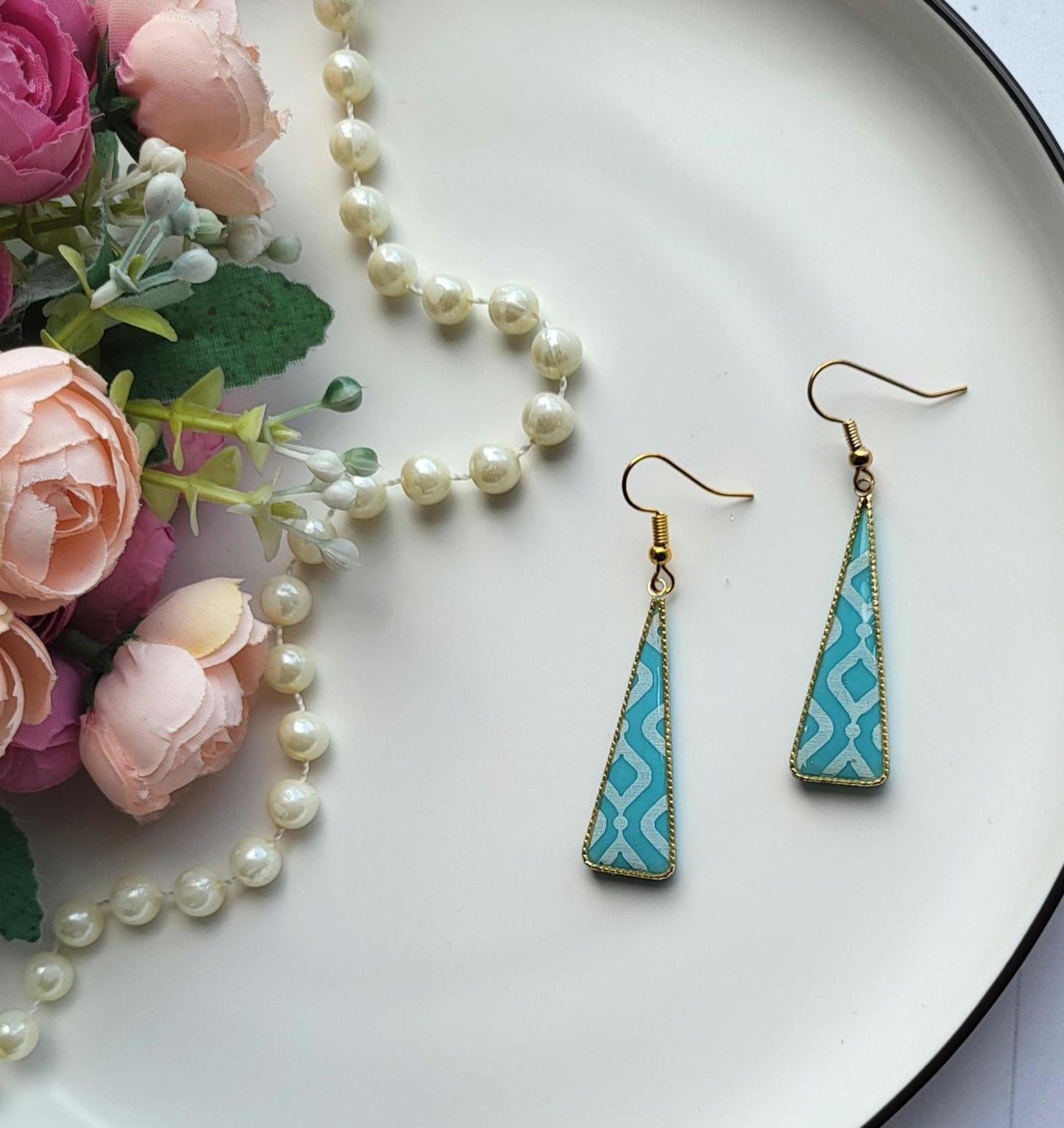 Sterling Silver Geometric Dangle Earrings | Elongated Triangular Polymer Clay Jewelry | Contemporary Artistic Design | Dangle Long Earrings