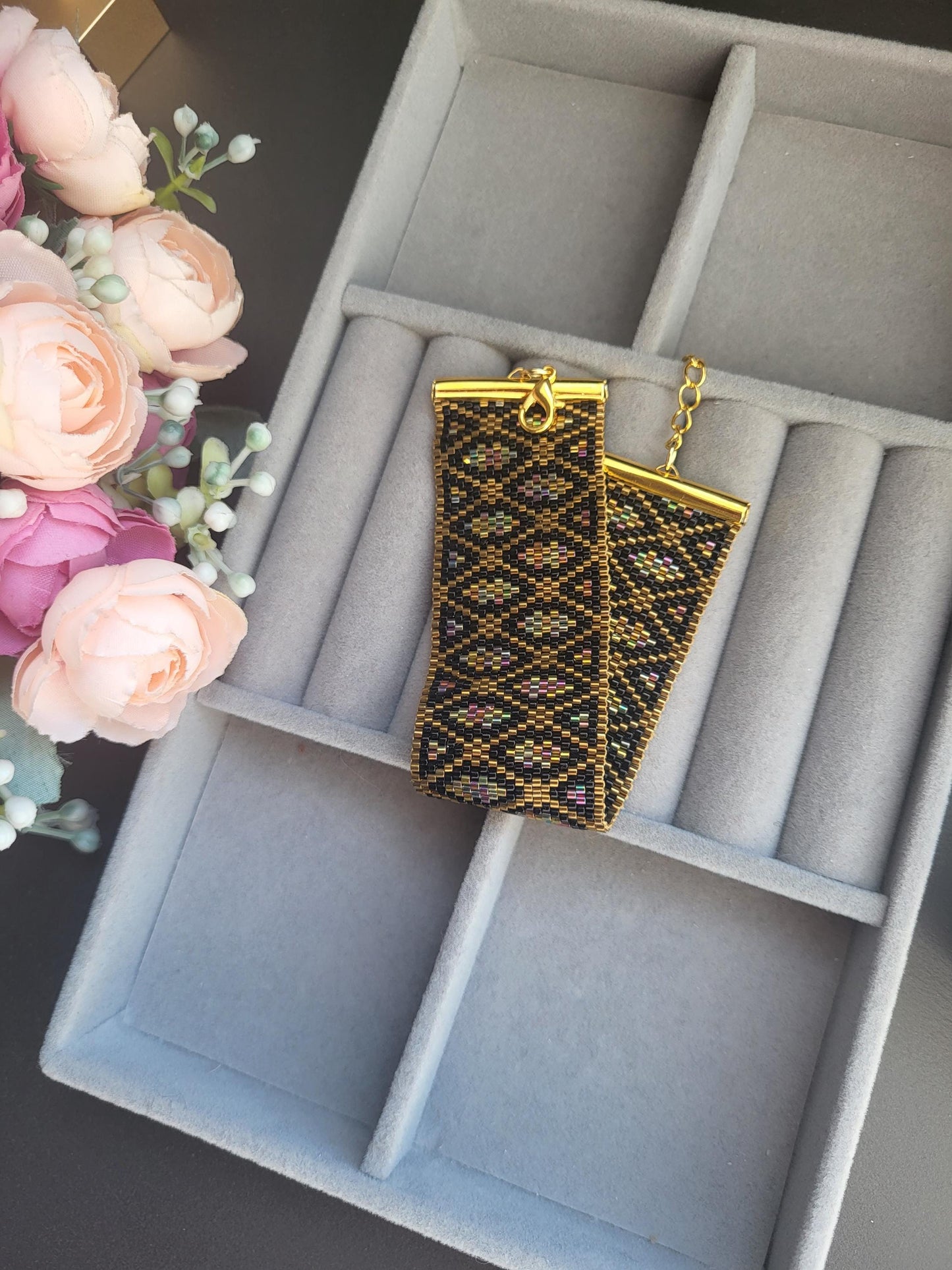 Geometric Beaded Bracelet – Elegant Miyuki Jewelry with Gold Details/Modern Miyuki Beaded Bracelet – Black, Gold and Rainbow Sparkle