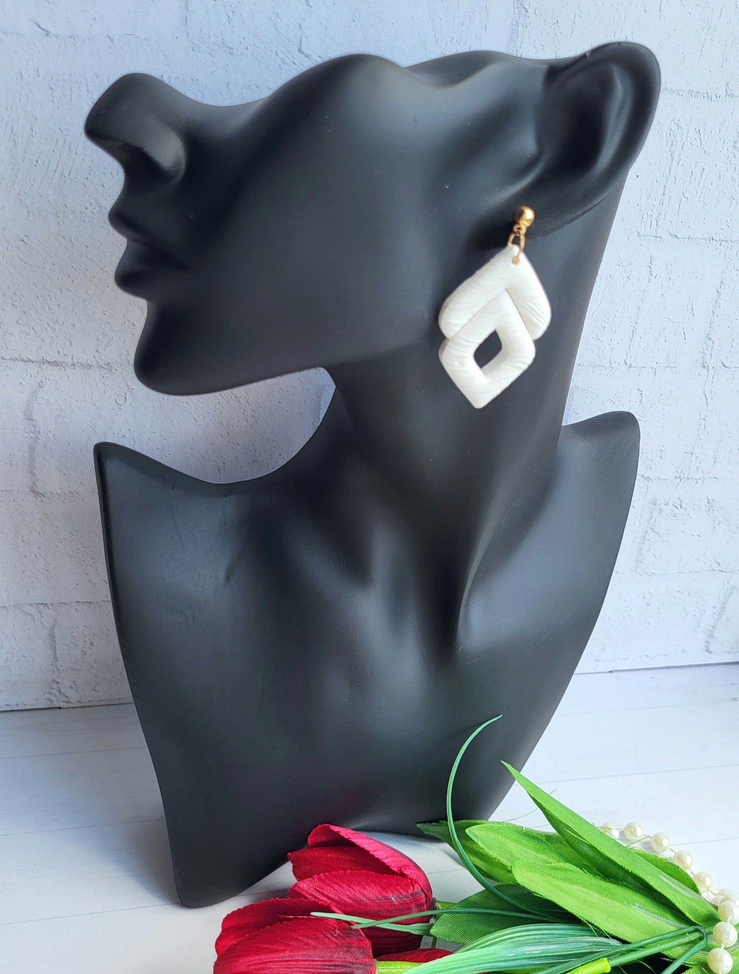 White Textured Geometric Polymer Clay Earrings/Modern Double Diamond Earrings/Unique Textured White Earrings