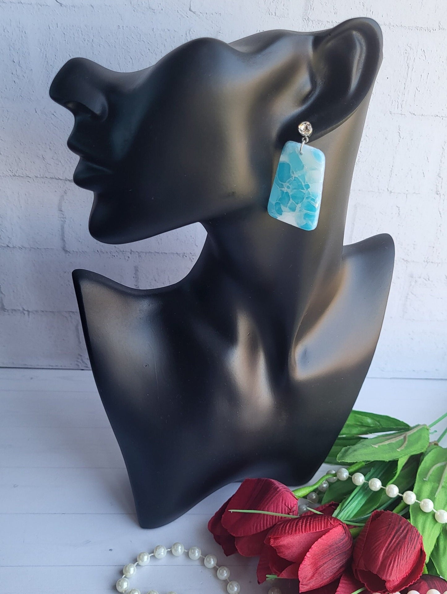 Turquoise Rectangle Polymer Clay Earrings/Lightweight Aqua Statement Earrings/Marble Effect Polymer Clay Jewelry