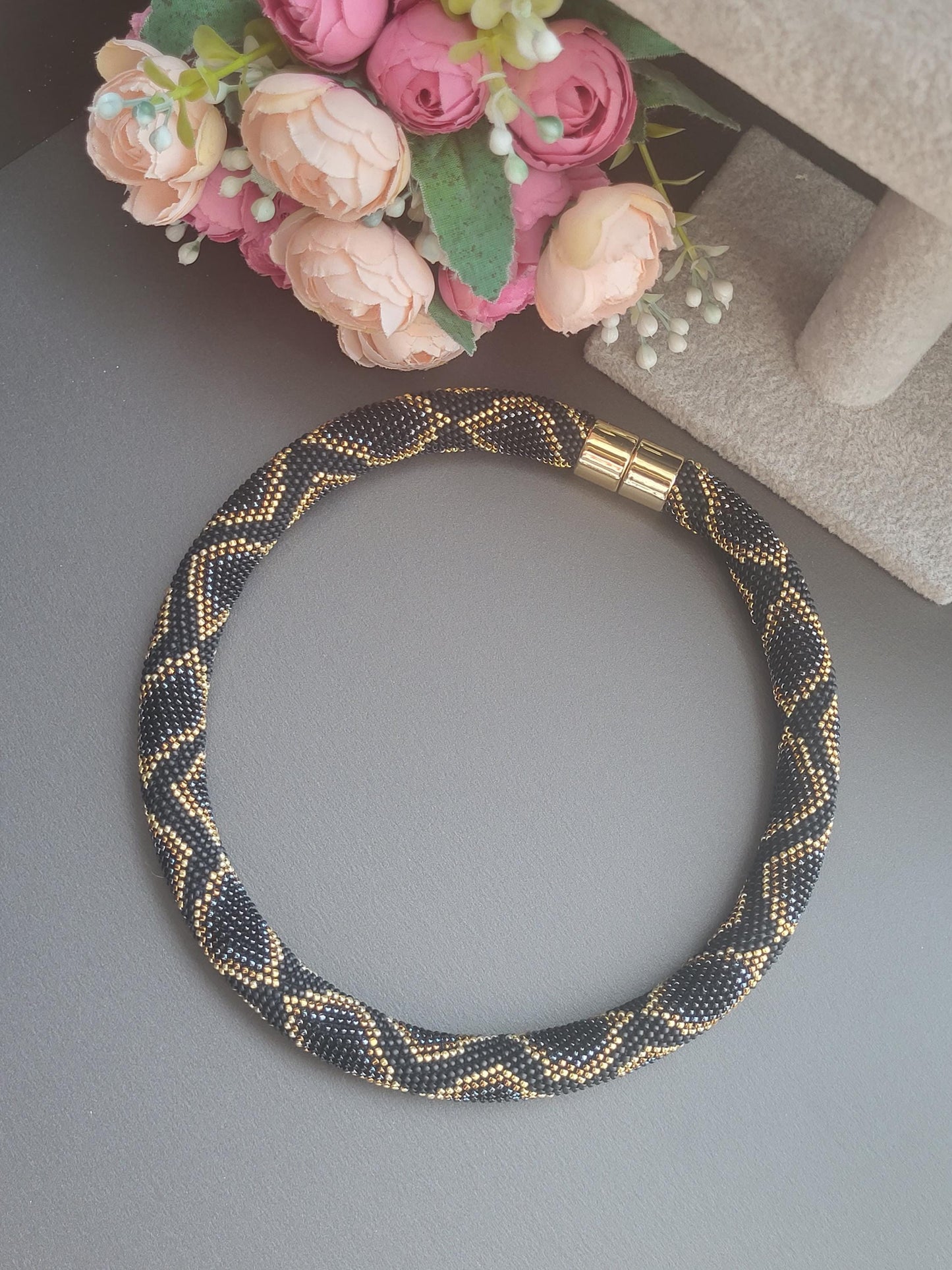 Elegant Beaded Rope Necklace – TOHO Beads in Black and Gold/Luxurious Handmade TOHO Necklace – Black, Bronze and Gray Tones