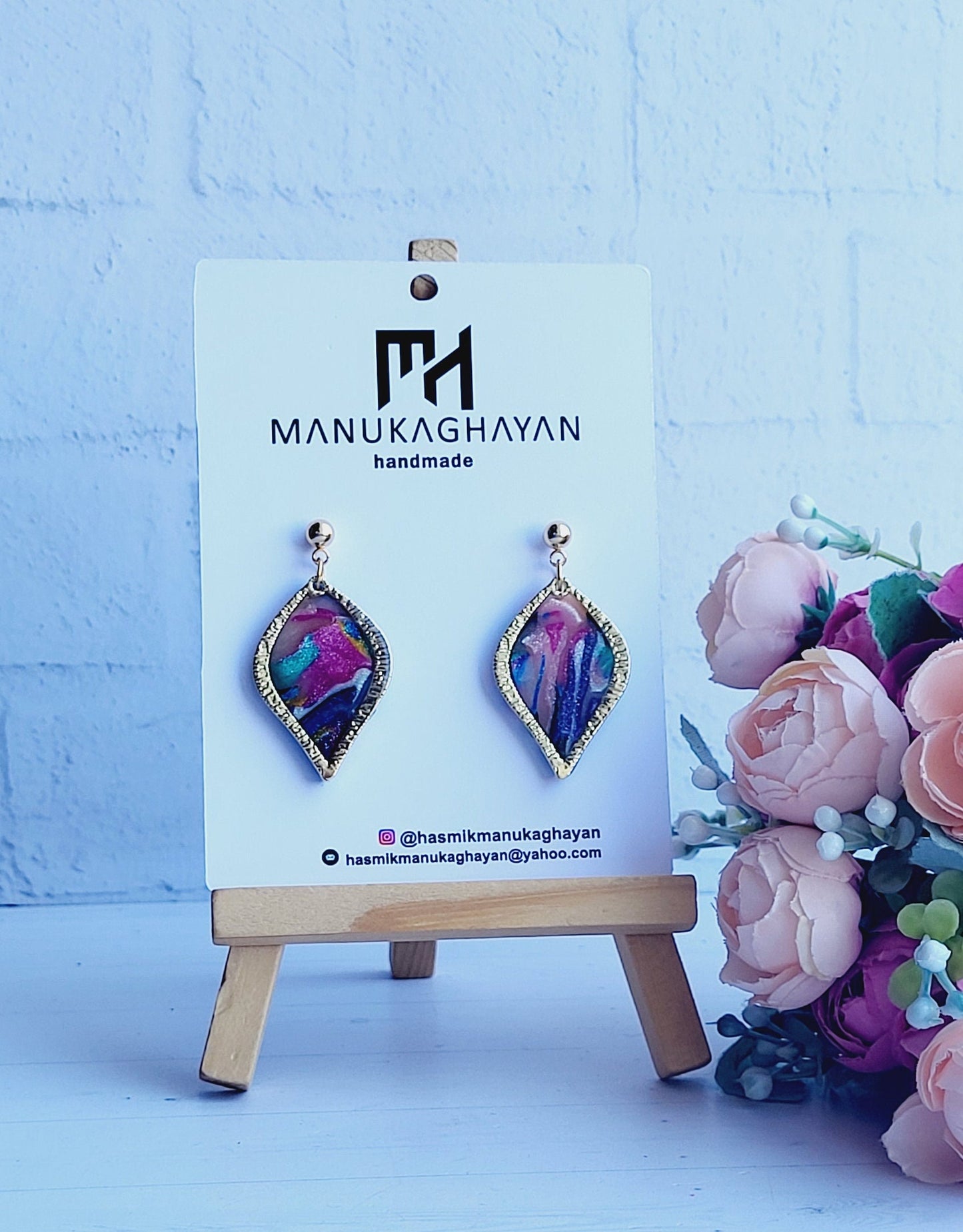 Gold-Edged Clay Earrings for Women/Gold-Frame Statement Earrings/Colorful Polymer Clay Statement Earrings/Elegant Artisan Polymer Earrings