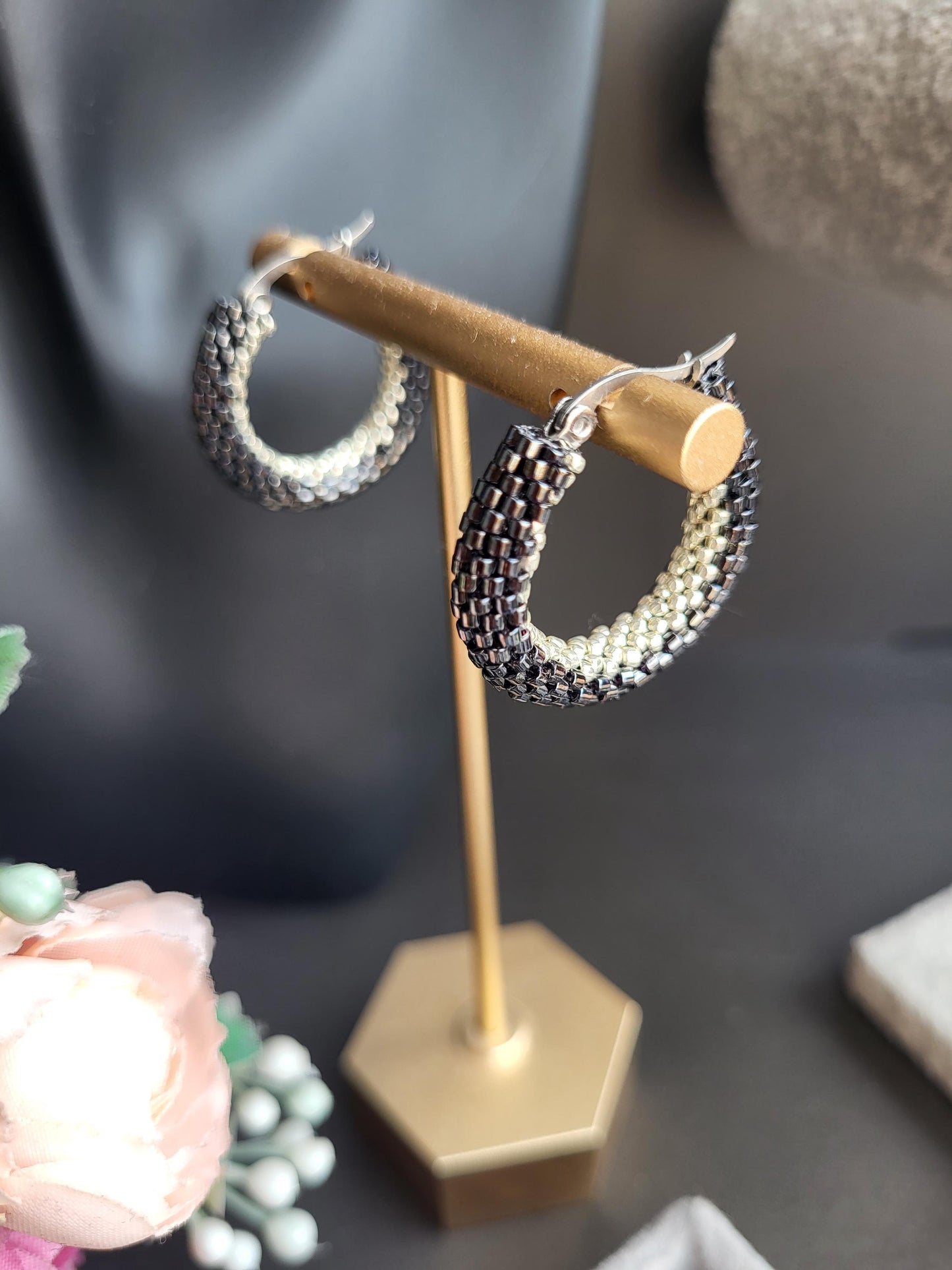 Elegant Two-Tone Miyuki Beaded Hoops/Handwoven Black and Silver Miyuki Hoop Earrings/Stylish Handcrafted Miyuki Earrings in Silver and Black