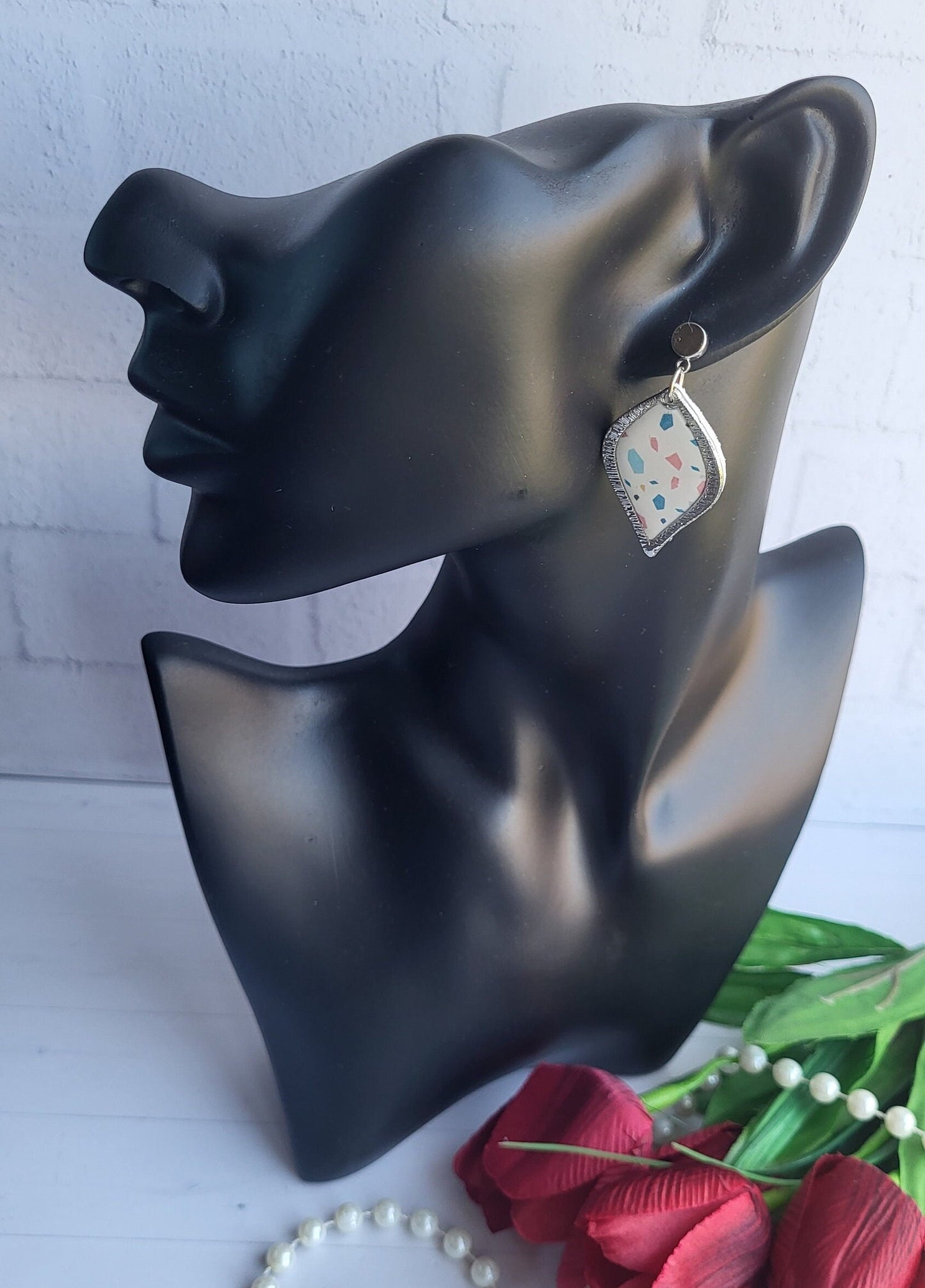 Handmade Polymer Clay Earrings with Terrazzo Pattern and Silver Frames/Elegant Teardrop Earrings with Abstract Polymer Clay Design