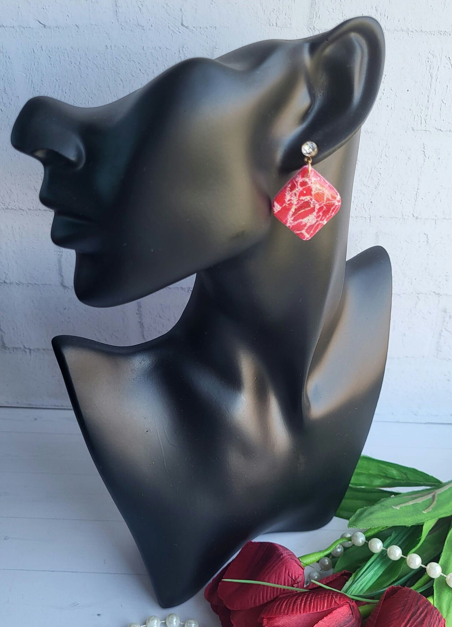 Glossy Red Marbled Polymer Clay Earrings/Bold Red Marbled Earrings Design/Vibrant Square Dangle Earrings Handmade