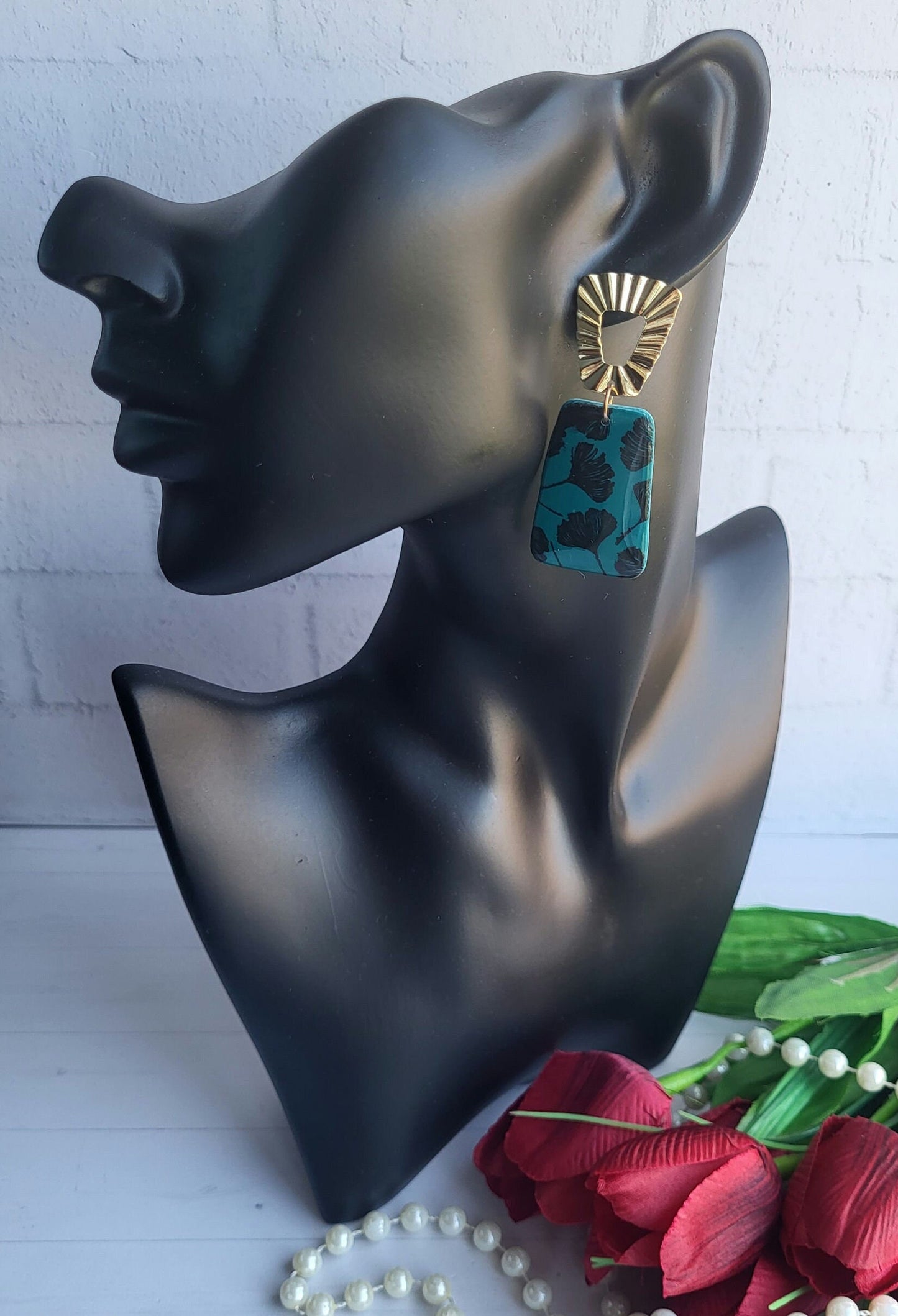 Bold Teal and Black Floral Polymer Clay Earrings for a Sophisticated Look/Modern Handmade Statement Earrings with Bold Floral Design