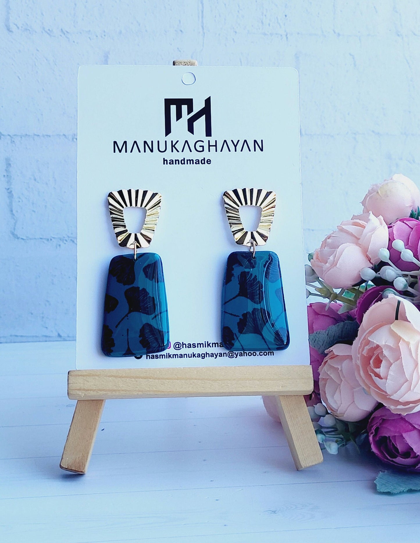 Bold Teal and Black Floral Polymer Clay Earrings for a Sophisticated Look/Modern Handmade Statement Earrings with Bold Floral Design