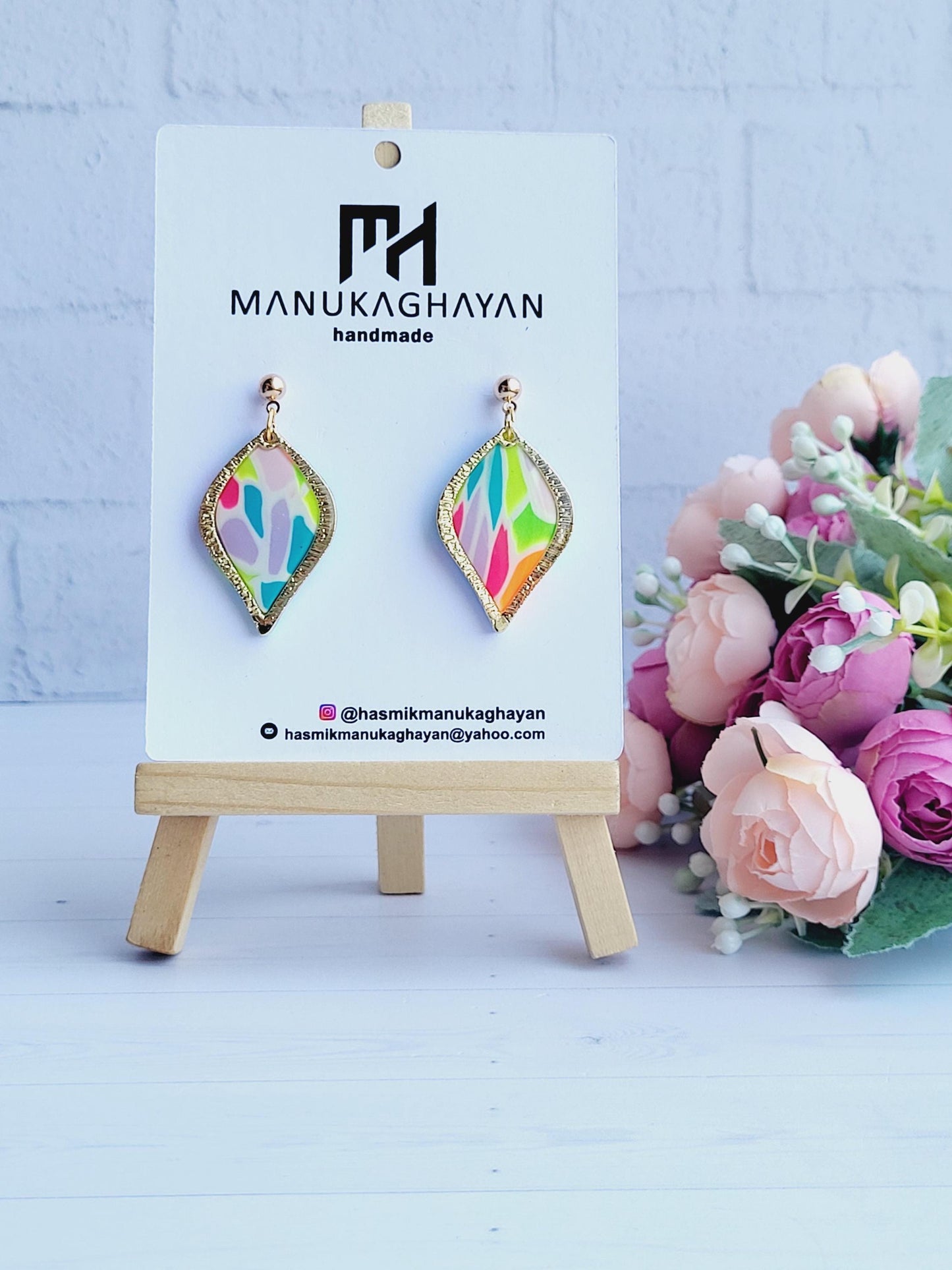 Vibrant Mosaic Leaf Polymer Clay Earrings/Handmade Colorful Leaf Drop Earrings/Multicolor Artistic Leaf Earrings