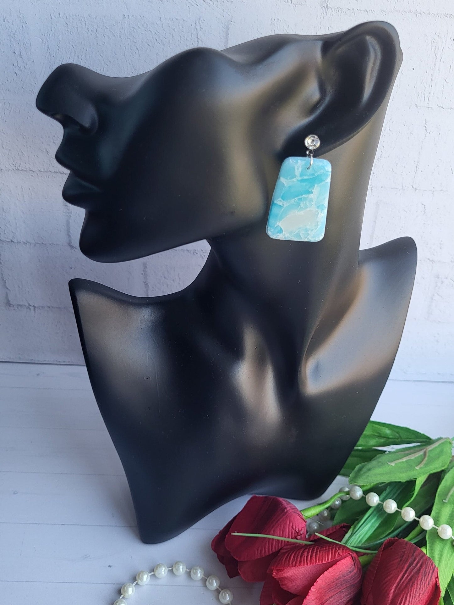 Turquoise Rectangle Polymer Clay Earrings/Lightweight Aqua Statement Earrings/Marble Effect Polymer Clay Jewelry