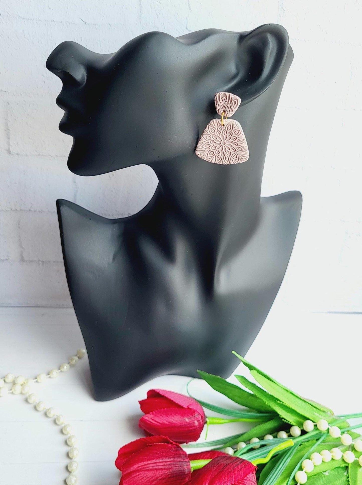 Earthy Mauve Floral Mandala Earrings | Embossed Detail Yoga Earrings | Handmade Floral Statement Jewelry | Nature-Inspired Clay Earrings