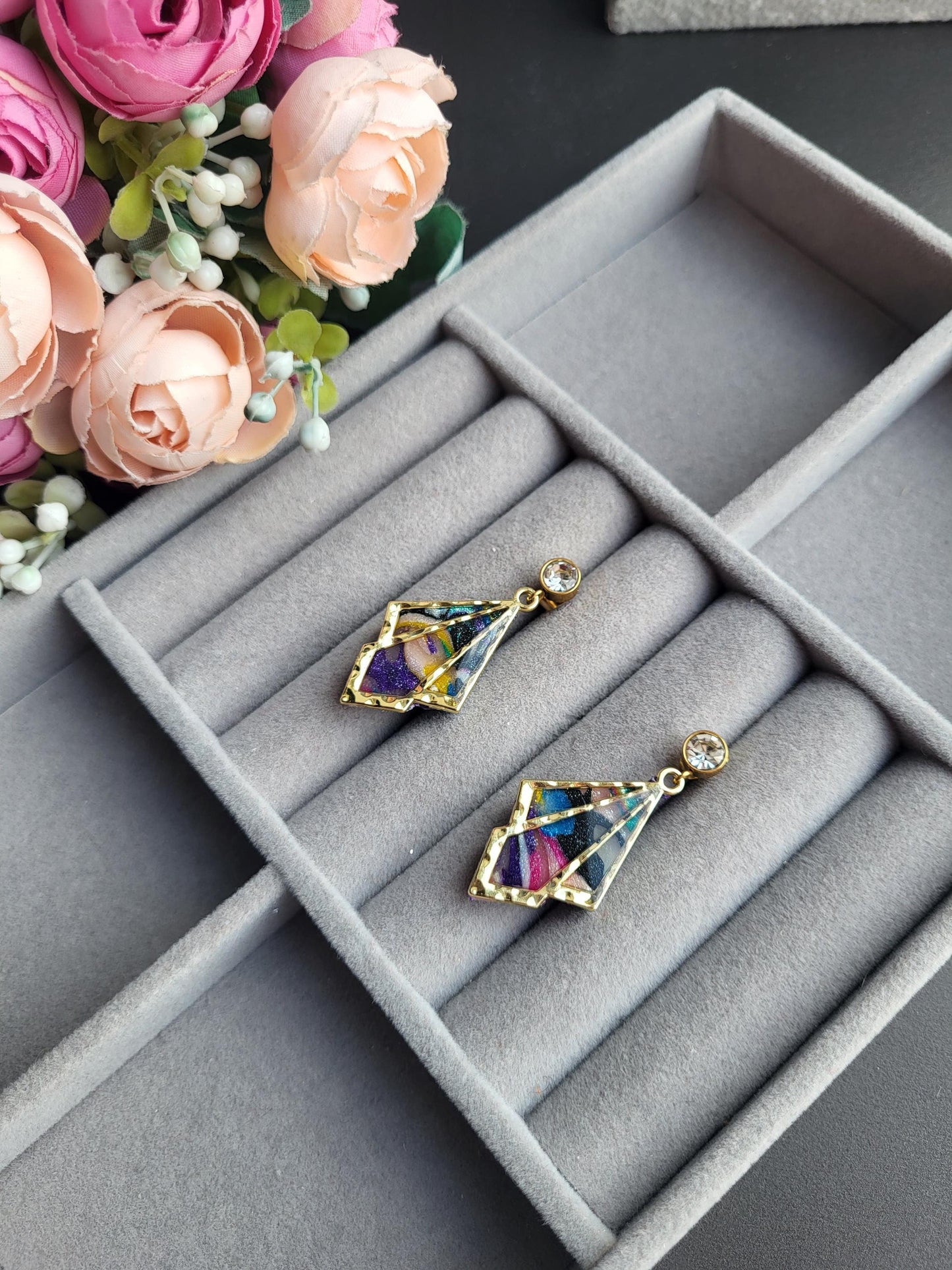Unique Multicolor  Polymer Earrings/Geometric Drop Earrings with Embedded Colors/Colorful Statement Earrings with Elegant Gold Detail