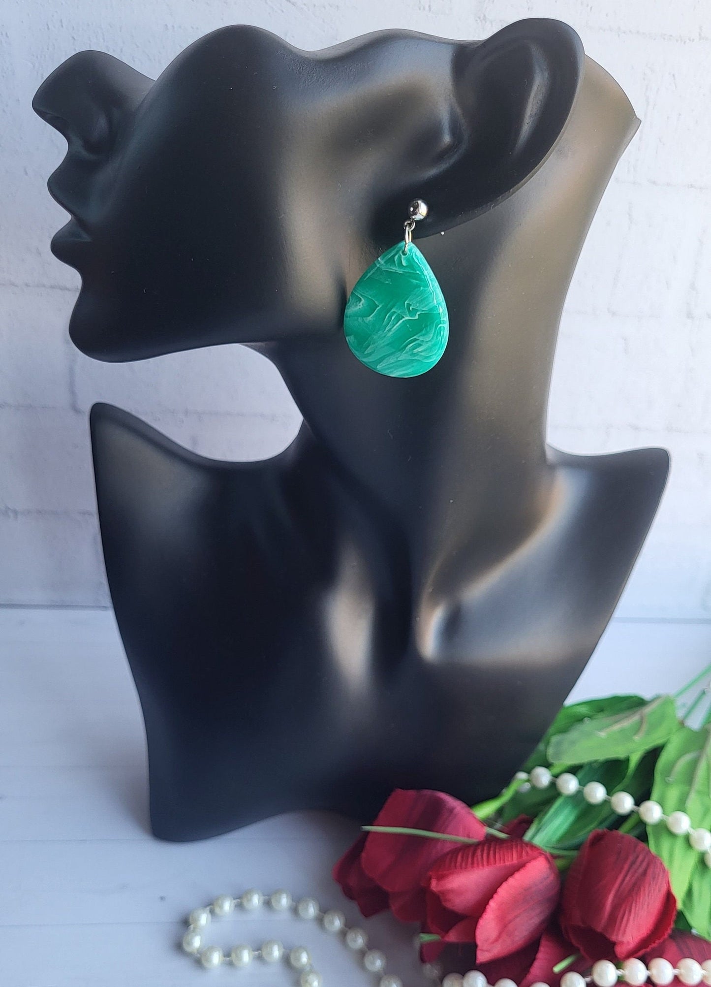 Unique Teardrop Earrings in Vibrant Green/Modern Marbled Green Teardrop Jewelry/Vivid Green Marbled Teardrop Dangle Earrings