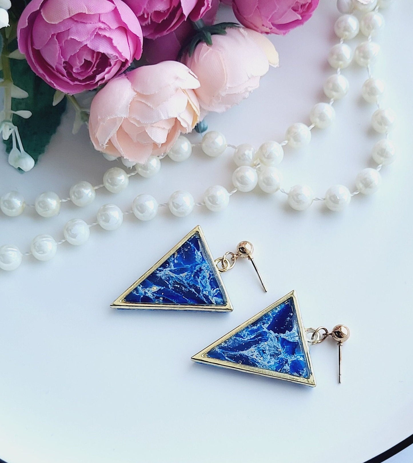 Contemporary Handmade Earrings with Blue Marble Triangle Design/Trendy Handmade Earrings Featuring Bold Geometric Shapes