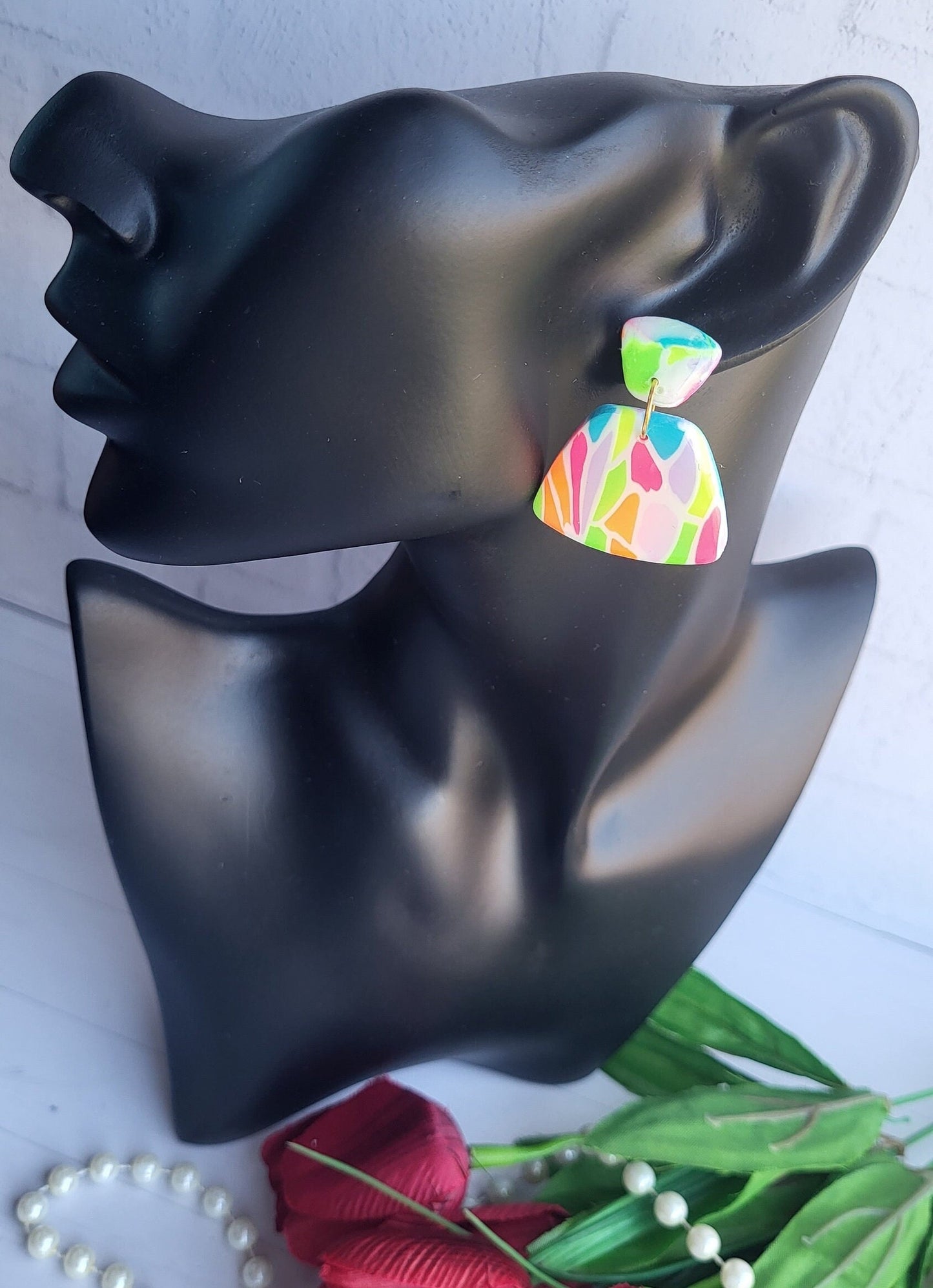Handmade Polymer Clay Statement Earrings | Colorful Dangle Geometric Rainbow Earrings | Bright Clay Jewelry | Colorful Earrings for Women