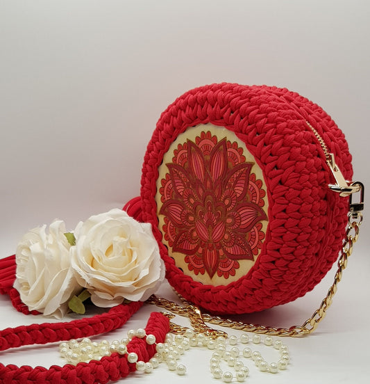 WOODEN DECOR BAG | Handmade Knitted Bag | Red Round Bag | Cotton Purse Bag | Vibrant Red Casual Artistic Handmade Decorative Bag
